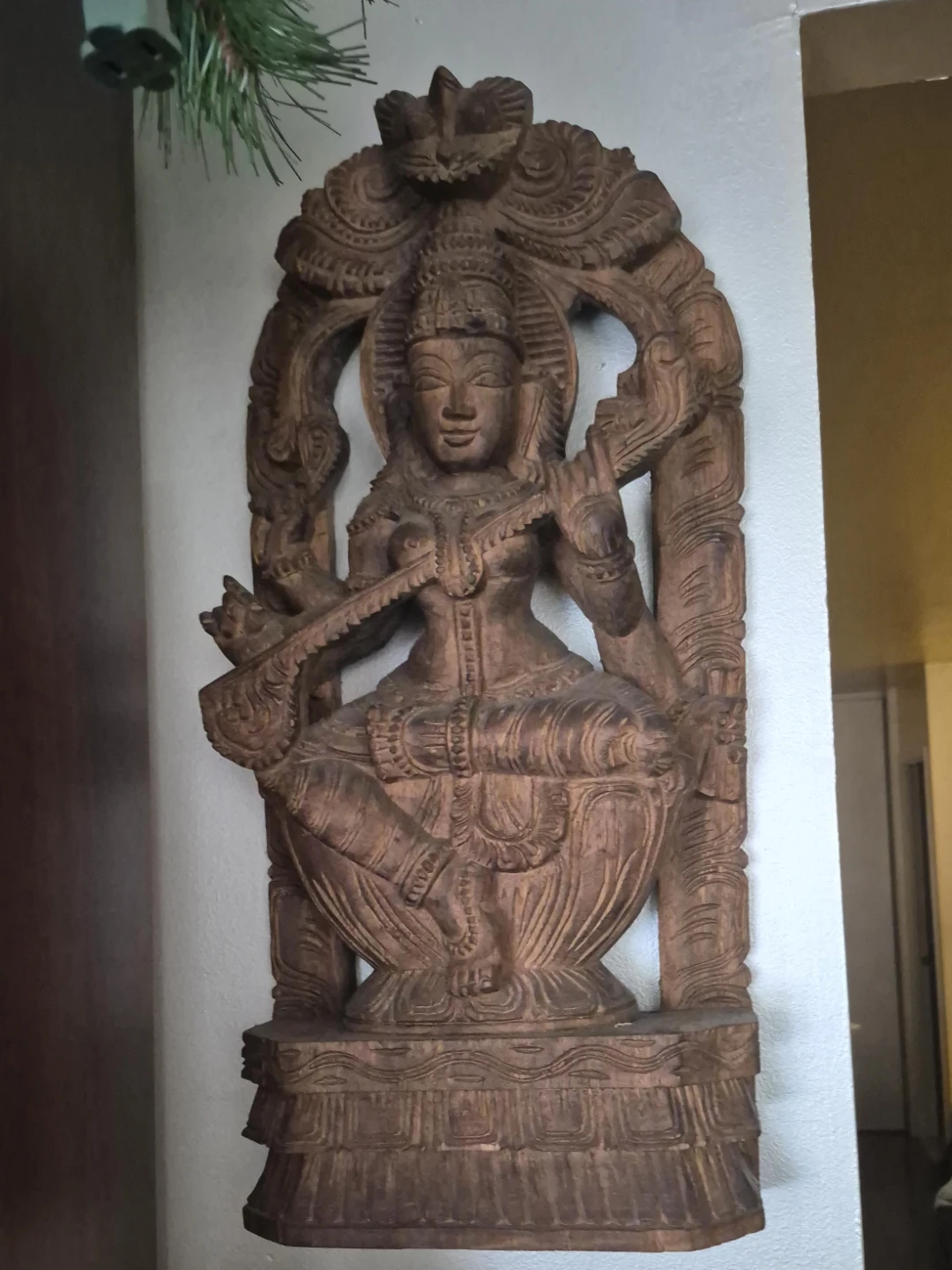 Carved Wooden Saraswati Statue