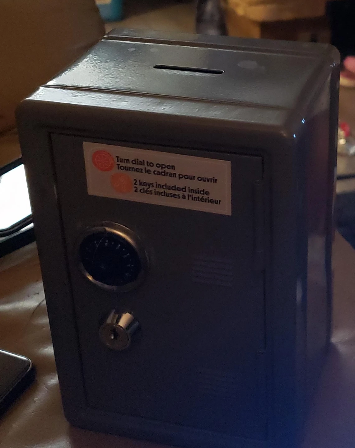 Grey Metal Safe with Key and Dial Lock