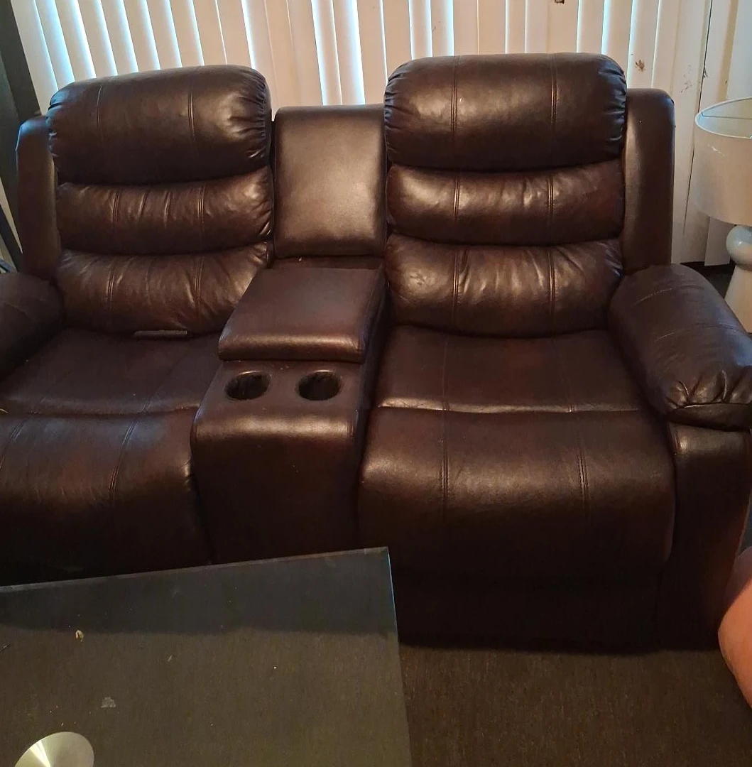 Brown Leather Loveseat Recliner with Cup Holders