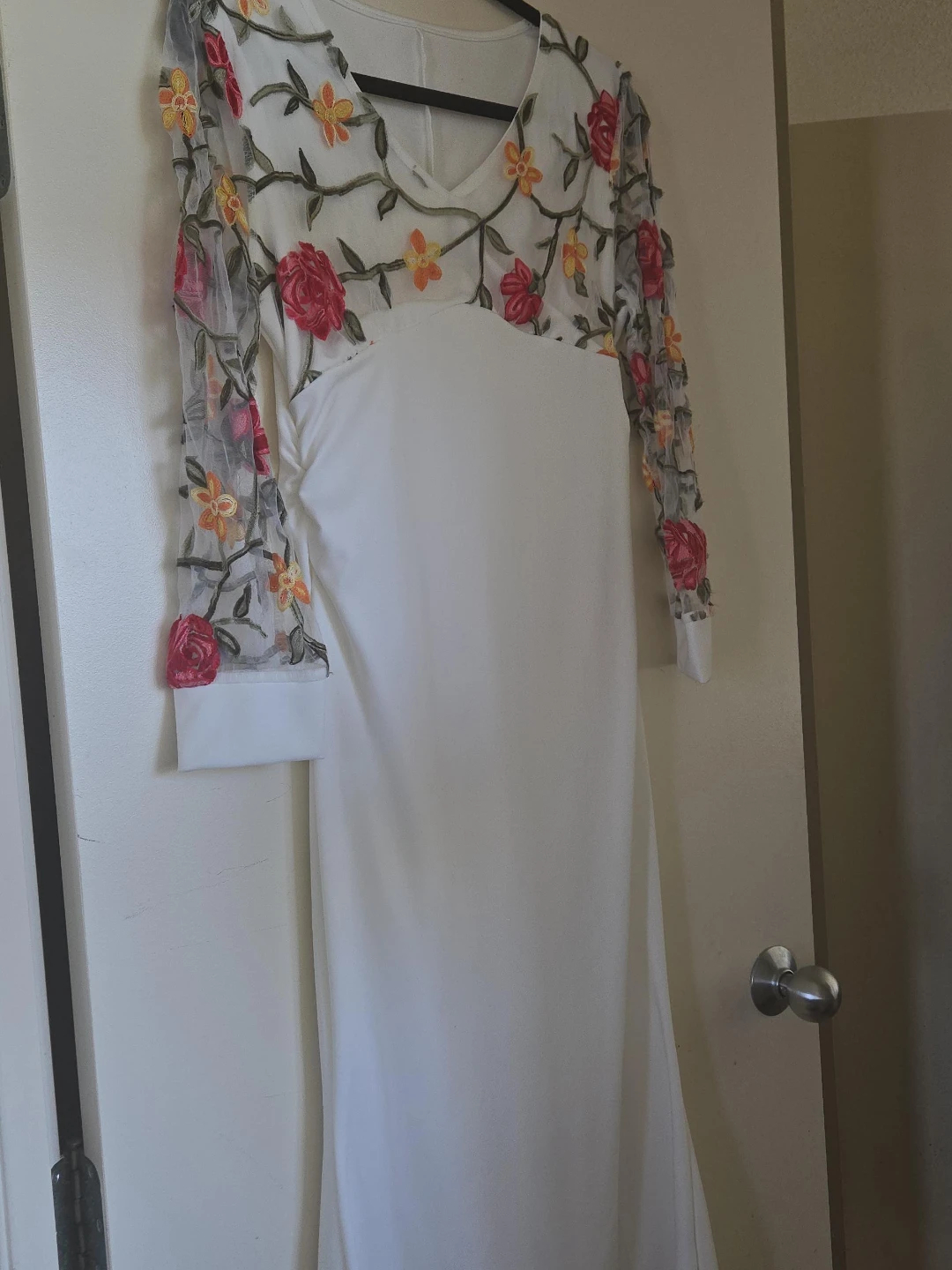 White Dress with Embroidered Floral Sleeves