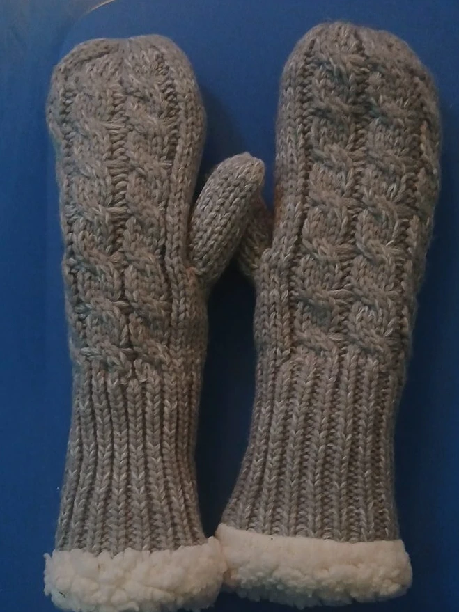 Grey Knit Mittens with Sherpa Lining