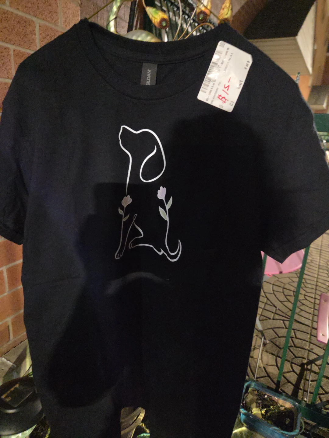 Gildan Black T-Shirt with Dog and Flower Design