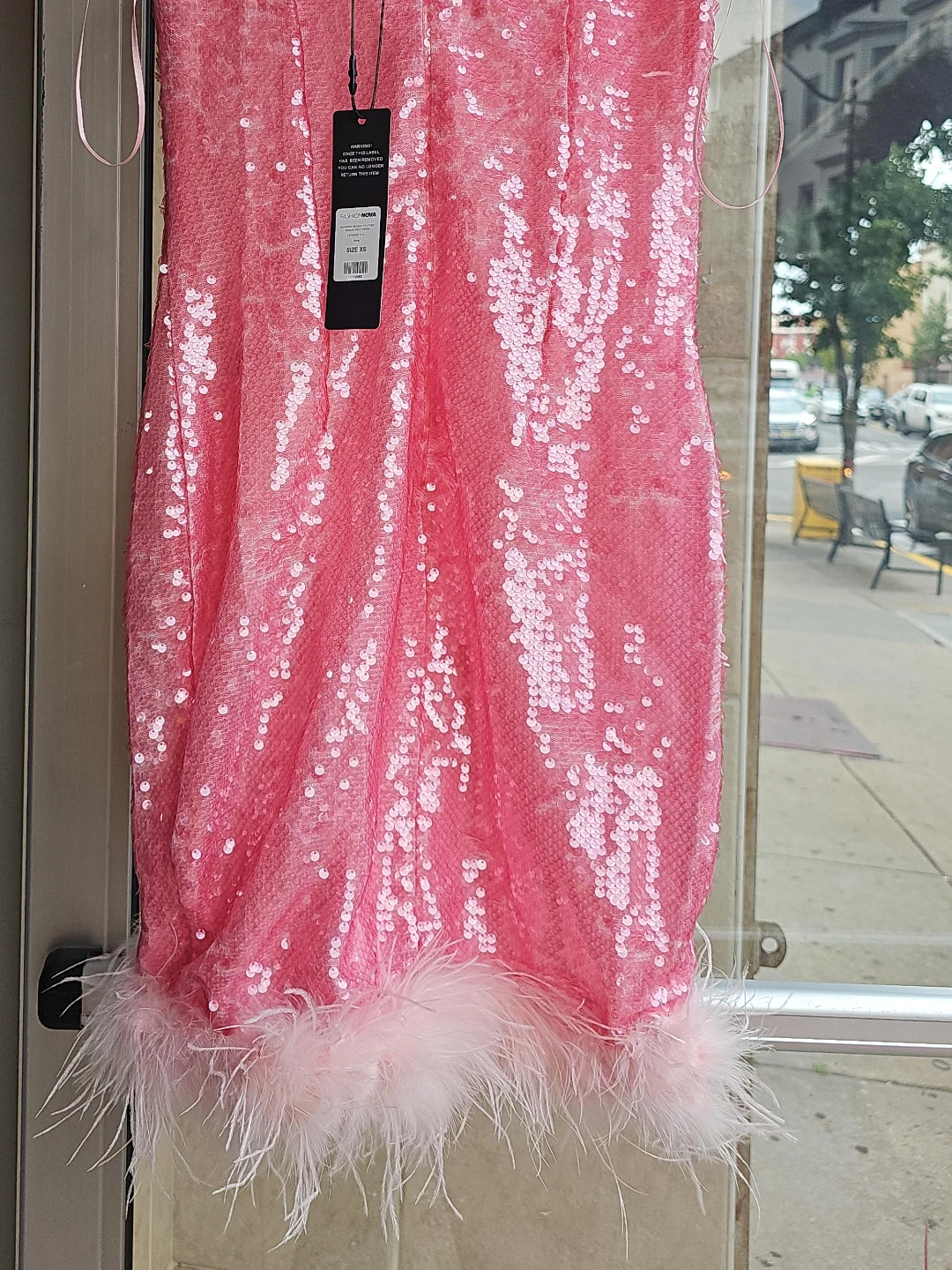 Fashion Nova Pink Sequin Feather Dress XS