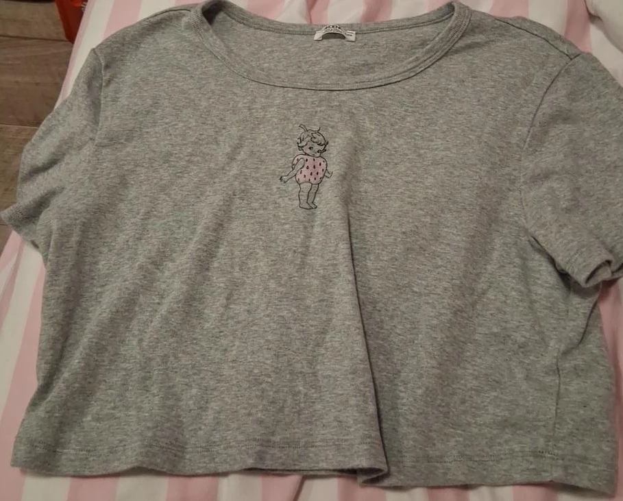 Grey T-Shirt with Strawberry Character Graphic