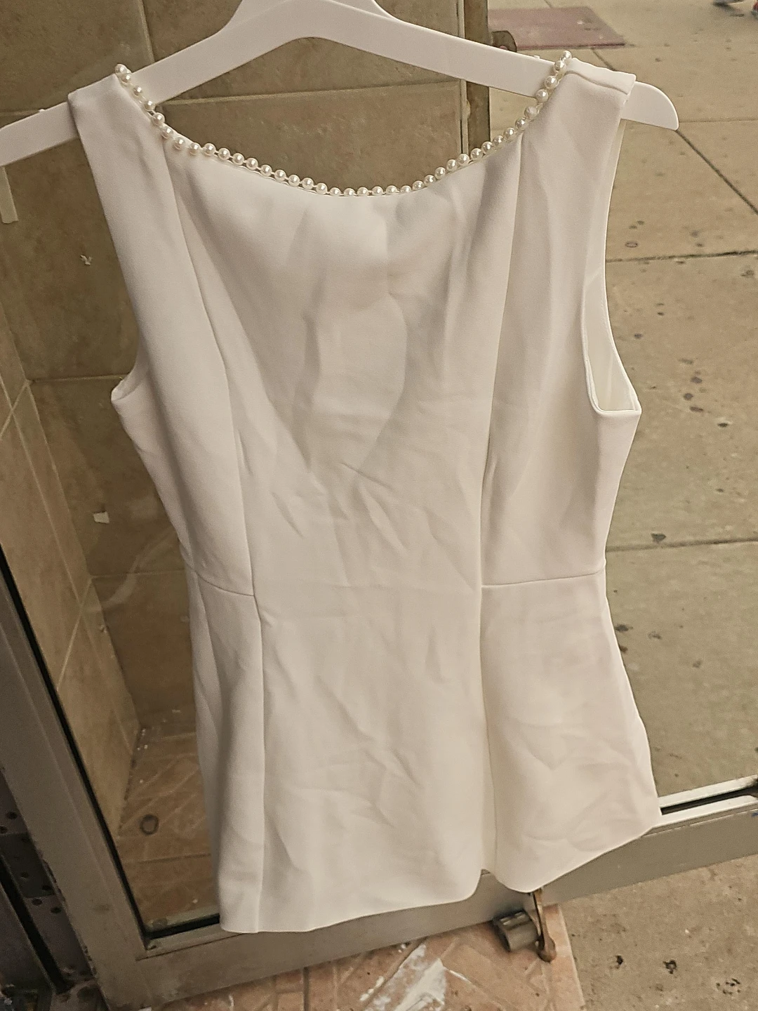 White Sleeveless Dress with Pearl Trim