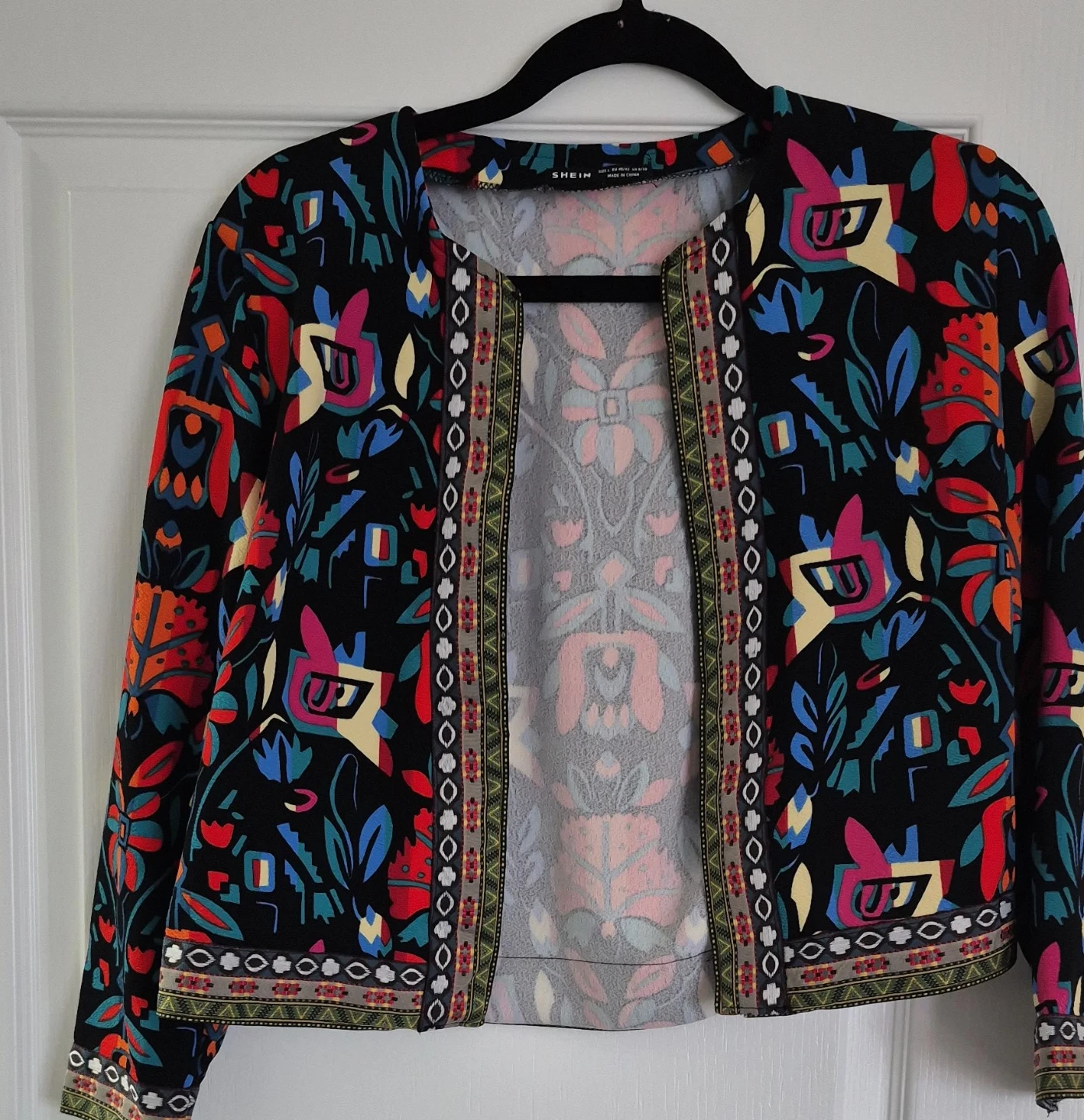 Shein Black Geometric Print Open Front Jacket