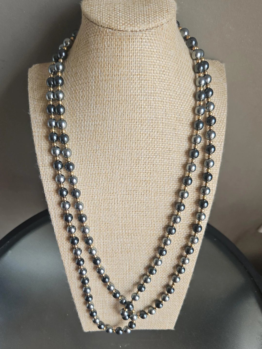 Vintage  Gunmetal Grey & Gold-Tone Beaded Long Necklace