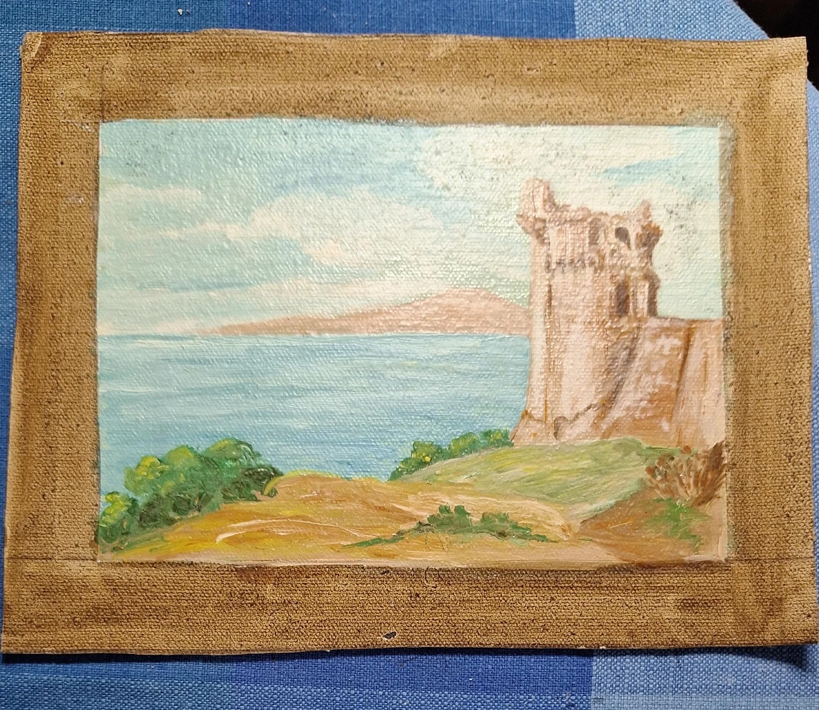 Vintage Landscape Painting of Coastal Tower