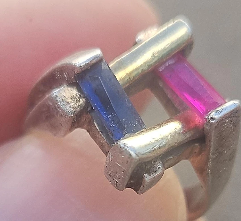 Silver Ring with Blue and Pink Baguette Stones