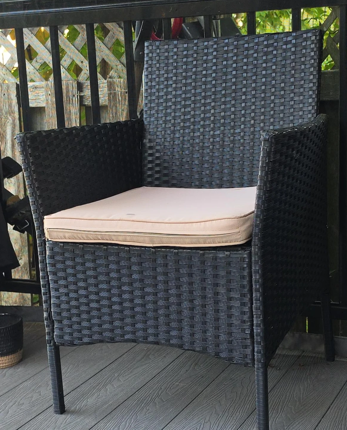 Black Wicker Patio Chair with Beige Cushion