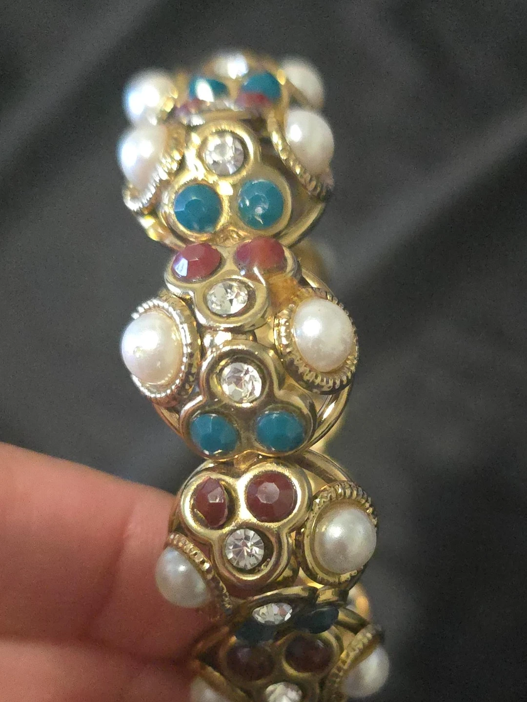 Gold-tone  Bangle Bracelet with Faux Pearls and Enamel Accents