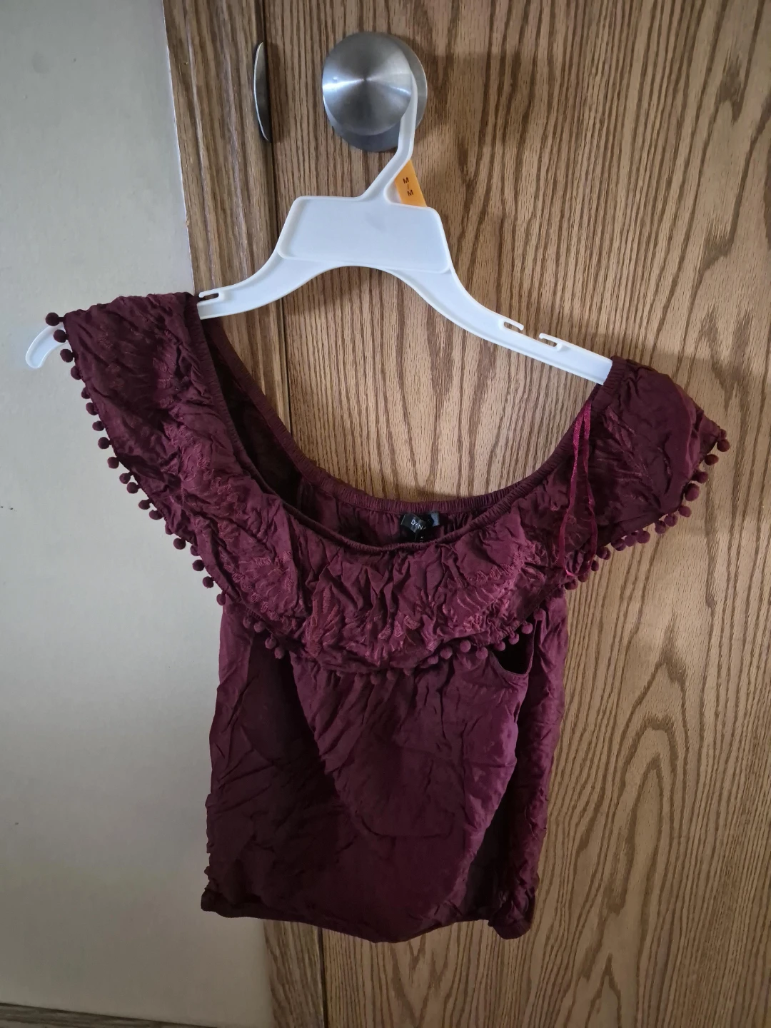 Maroon Off-the-Shoulder Top with Pom-Pom Trim