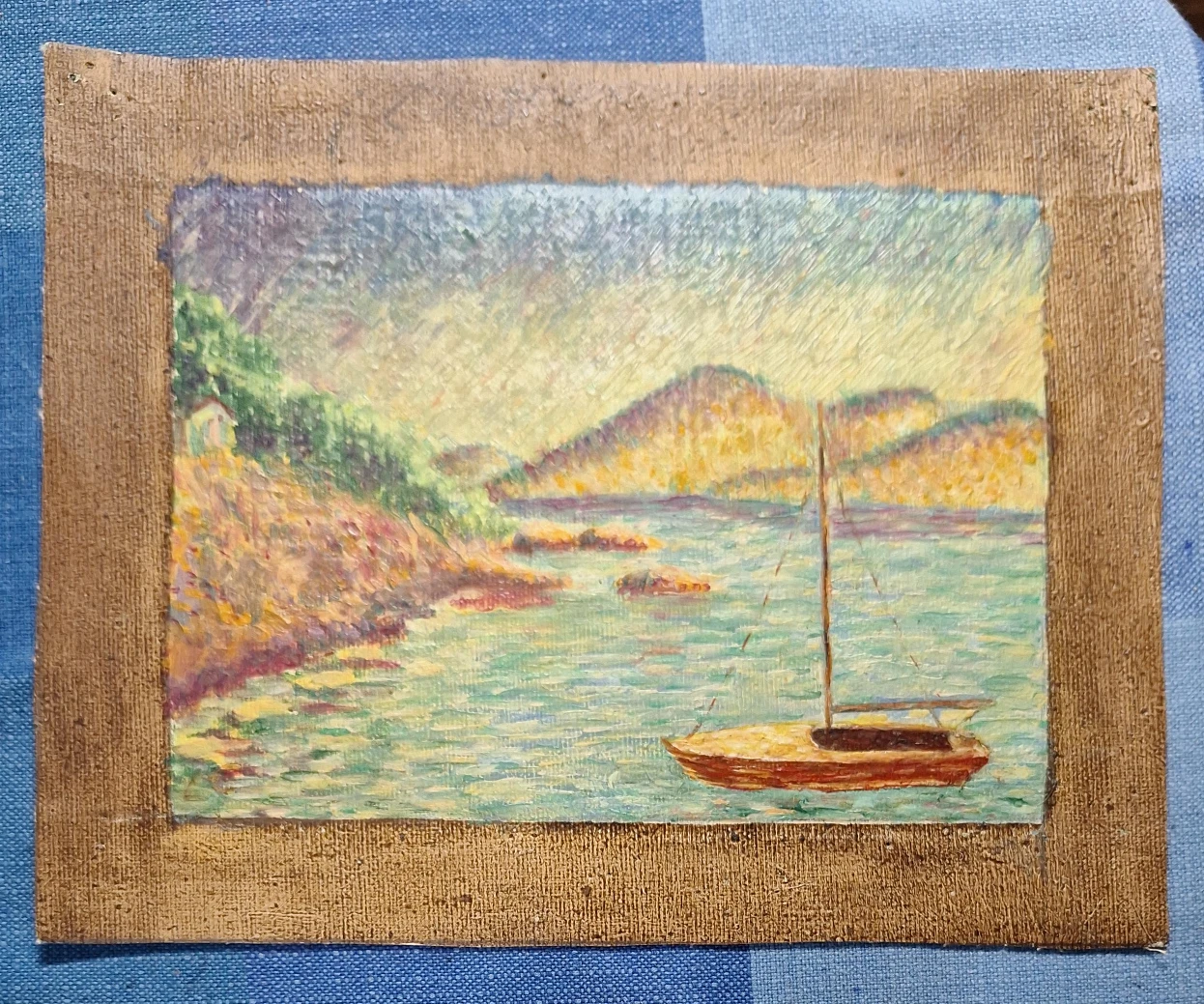 Vintage Seascape Oil Painting with Sailboat