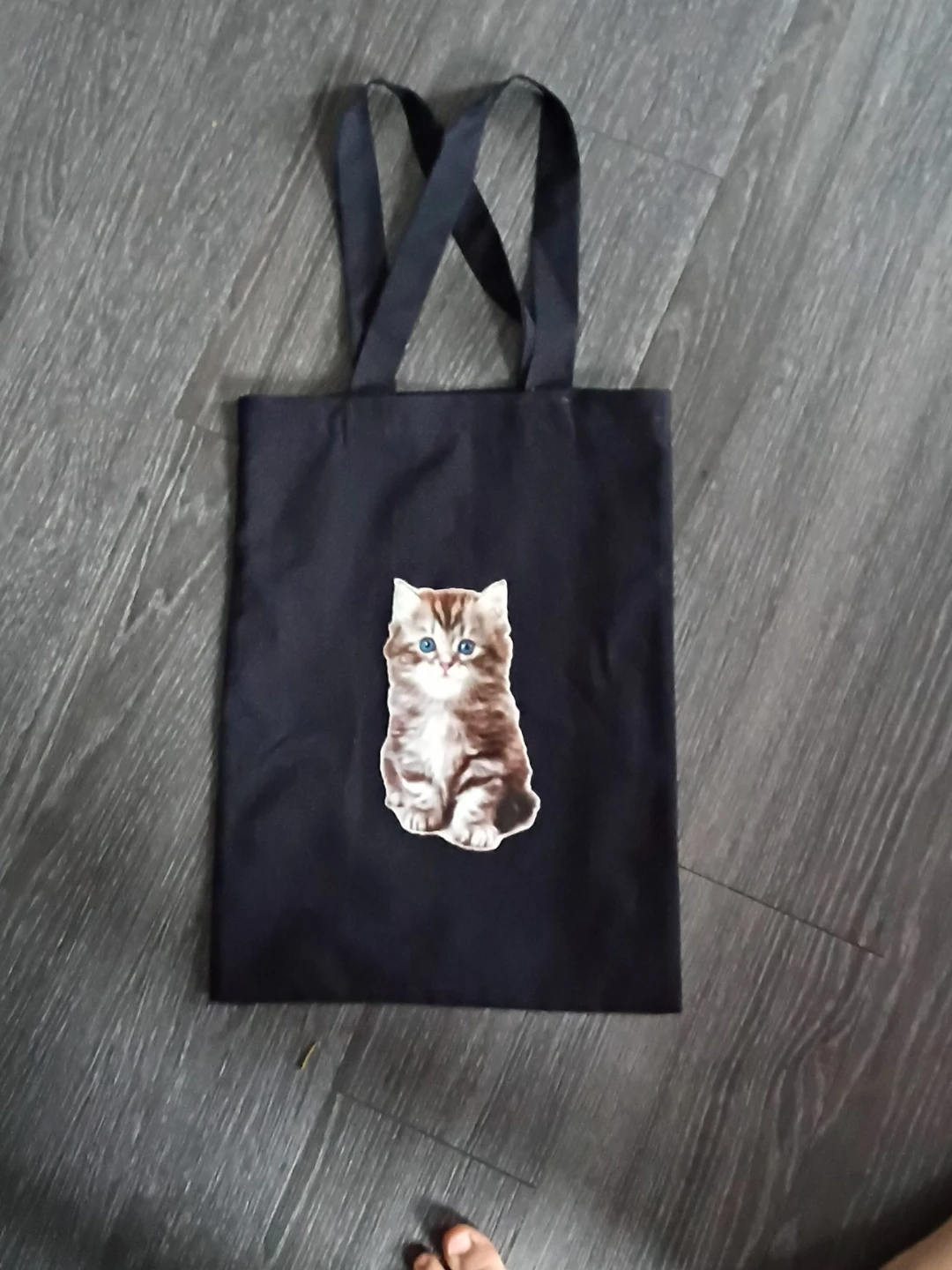 Black Tote Bag with Cute Kitten Graphic