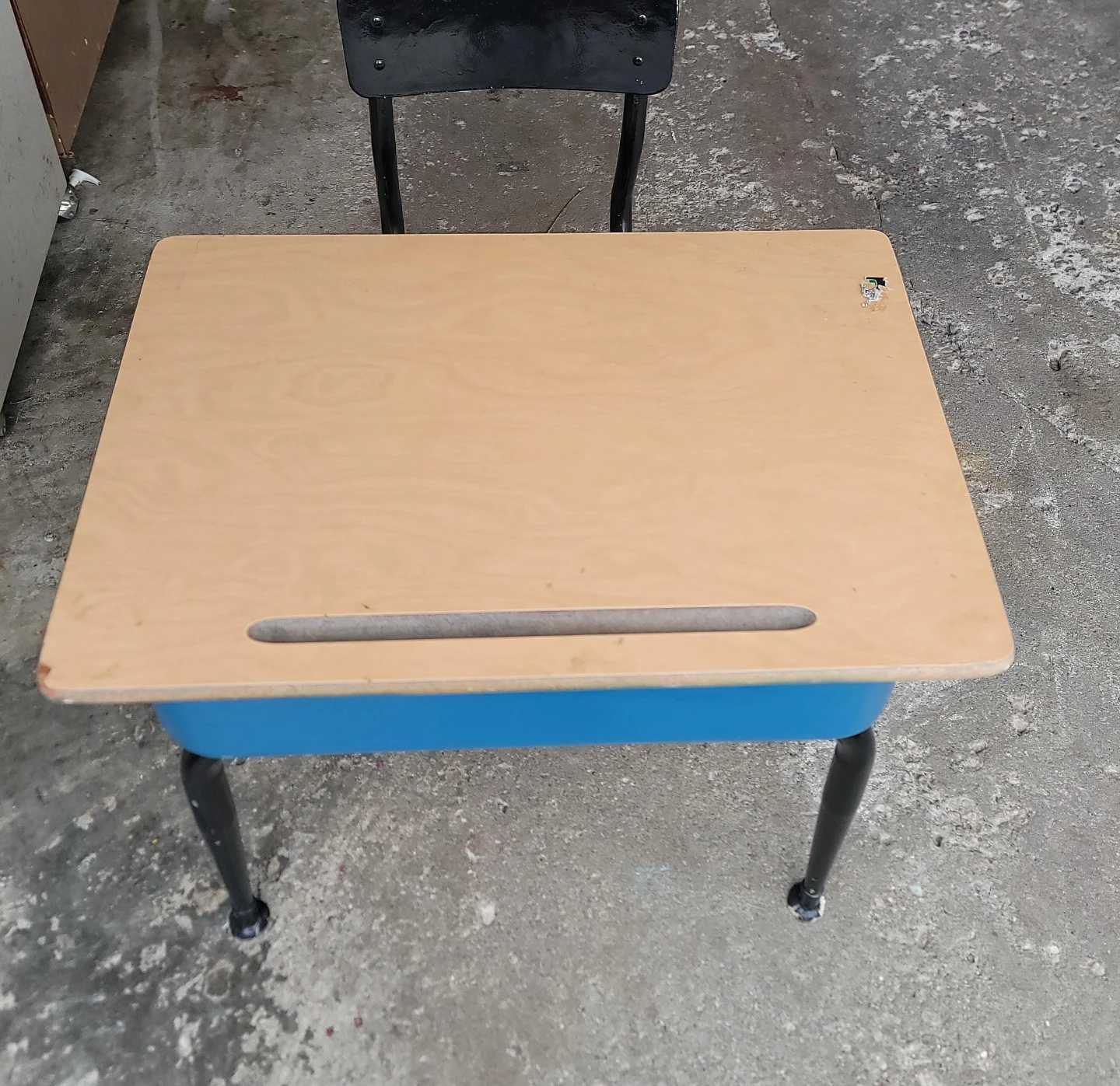 School Desk with Blue Storage Bin