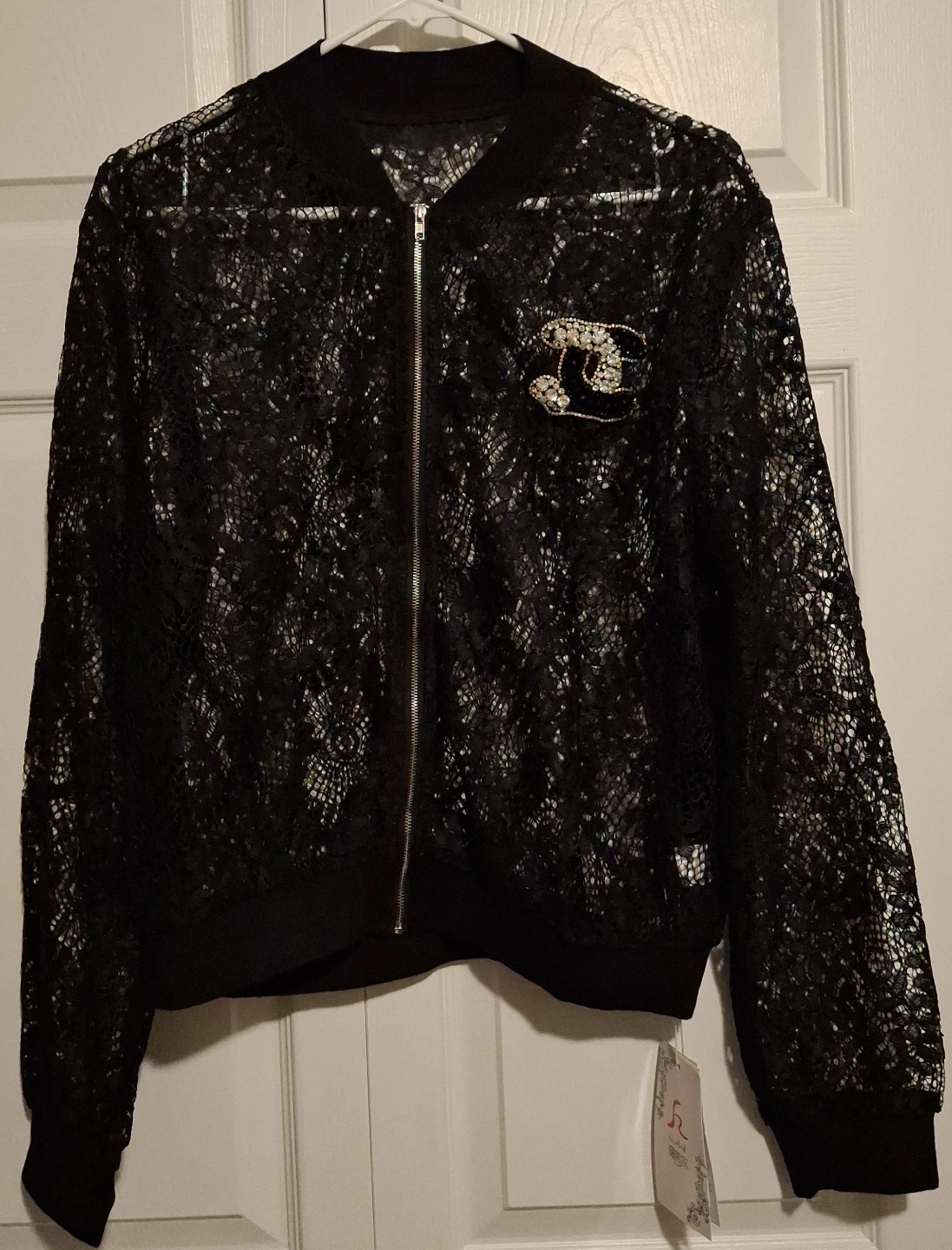 Black Lace Bomber Jacket with Rhinestone Detail