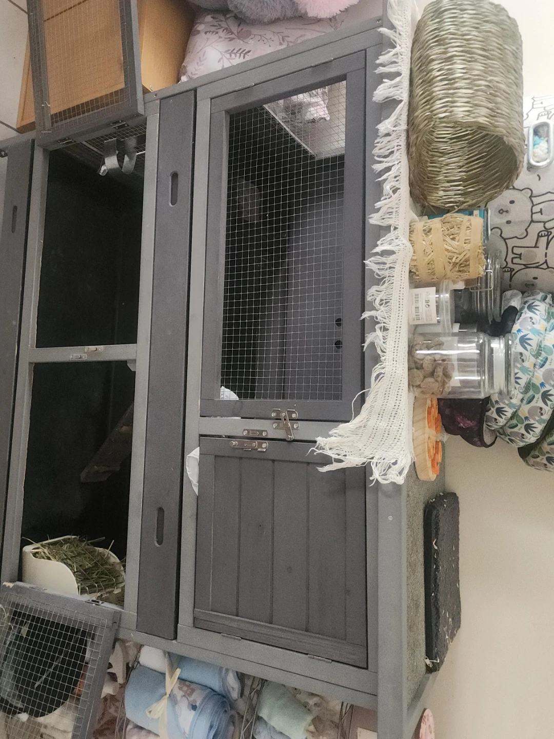 Gray Wooden Multi-Level Pet Cage