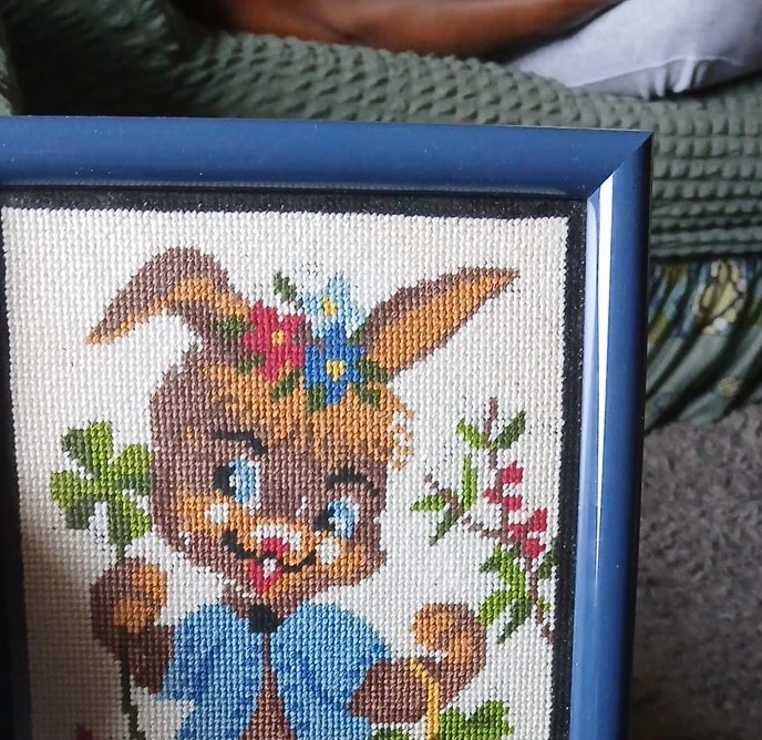 Framed Cross-Stitch Bunny Picture