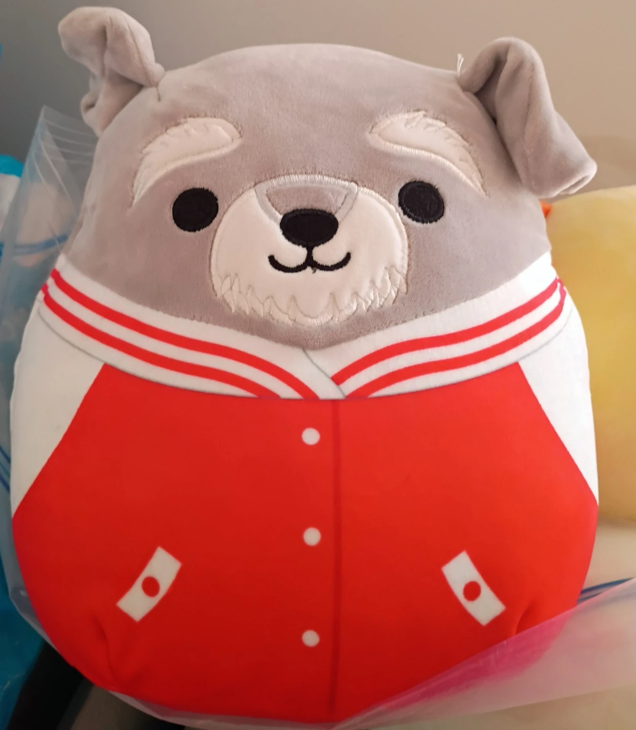 Gray Dog Plush Toy with Red Jacket