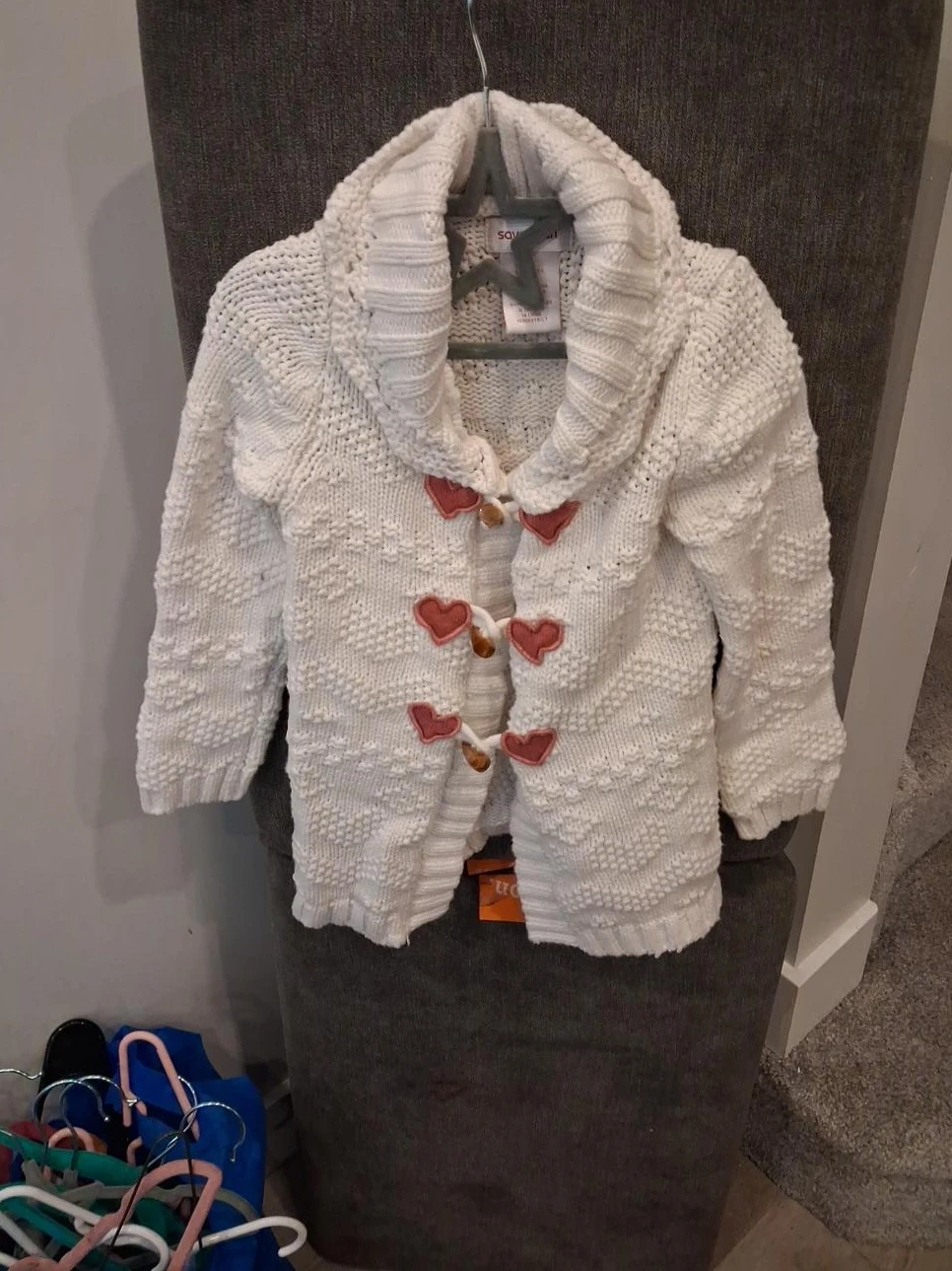 White Knit Cardigan with Heart Toggle Buttons