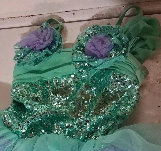 Green sequin and flower dance costume