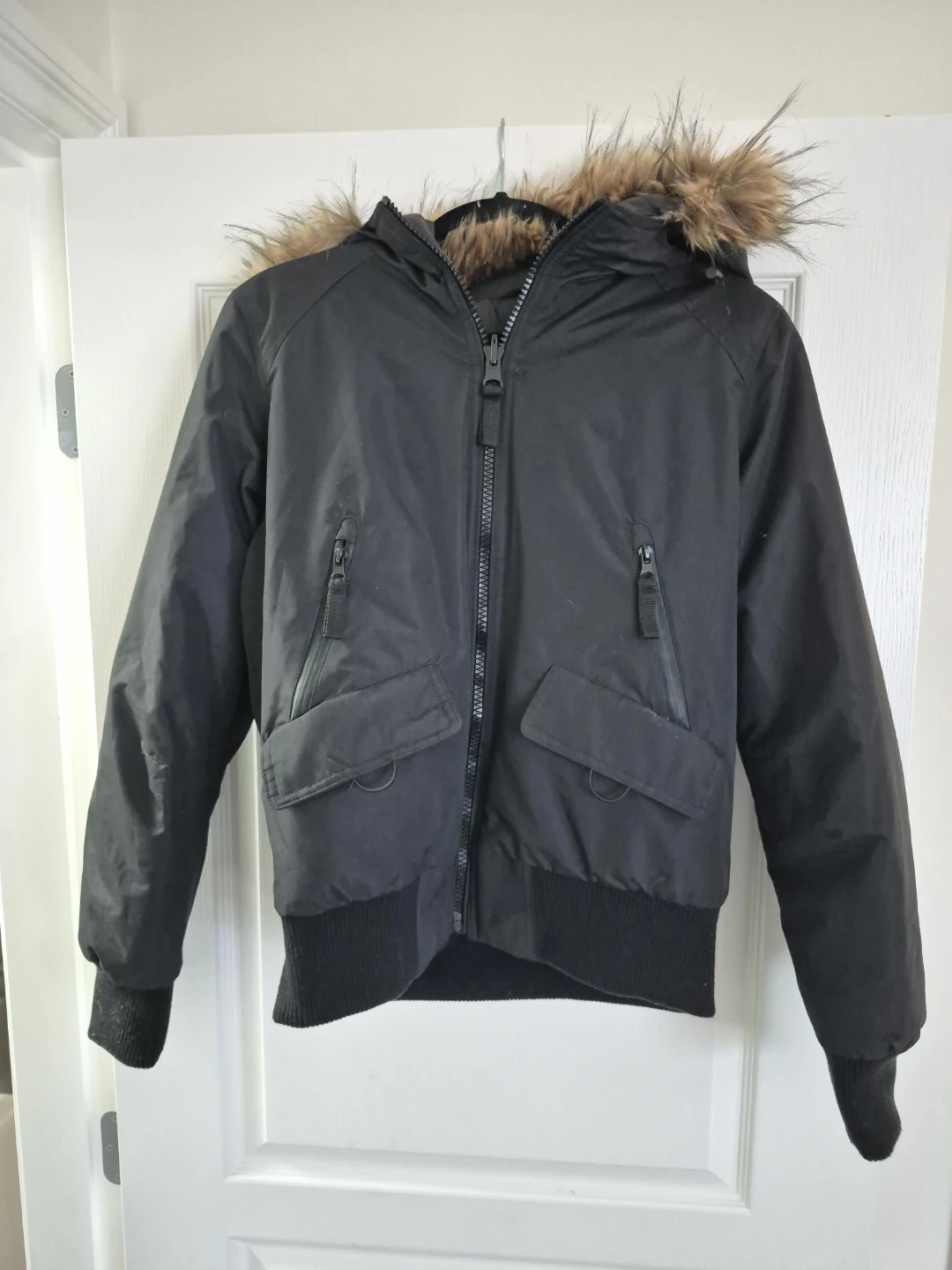 Black Puffer Bomber Jacket with Fur Hood - photo 3