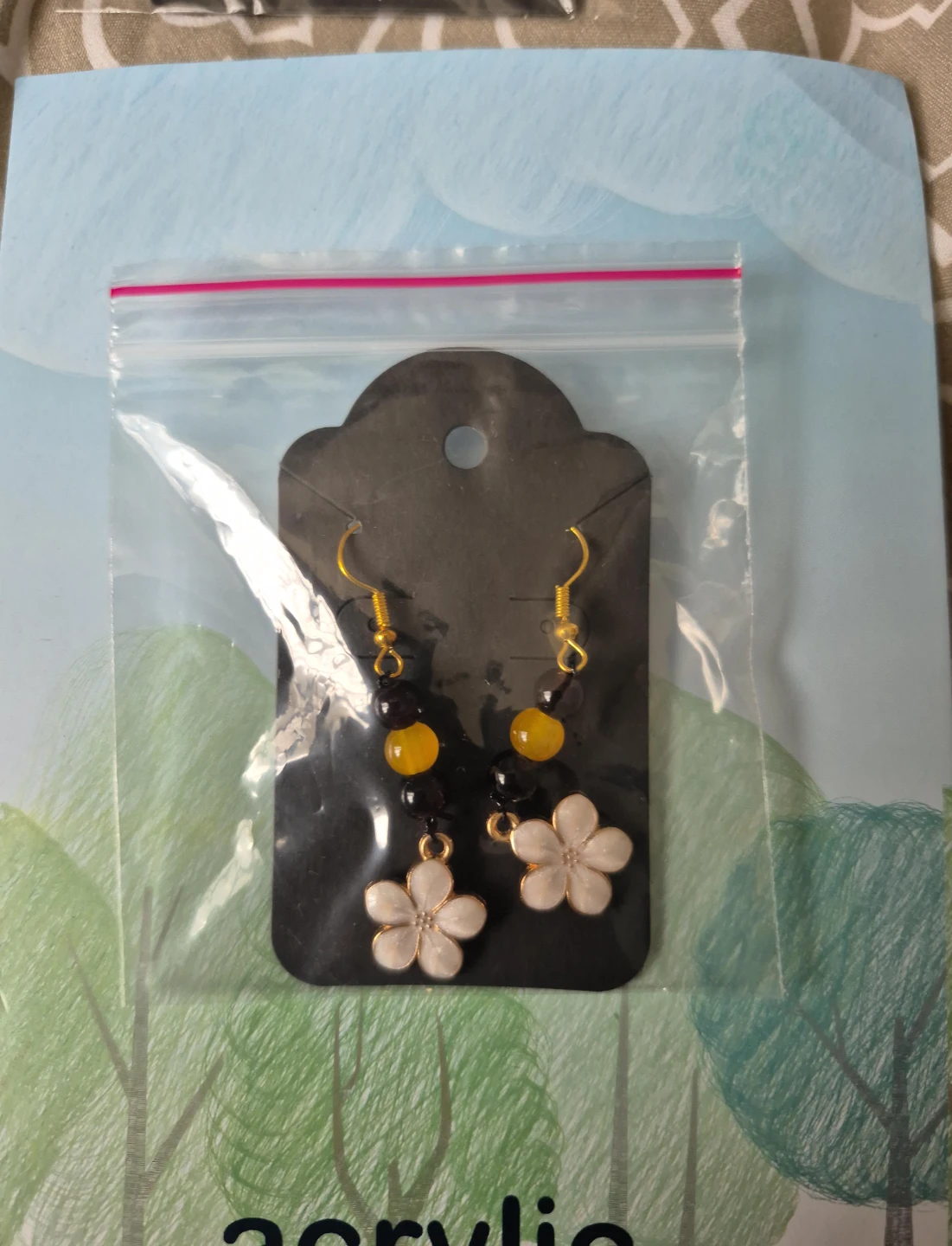 Handmade Flower Earrings with Yellow and Black Beads