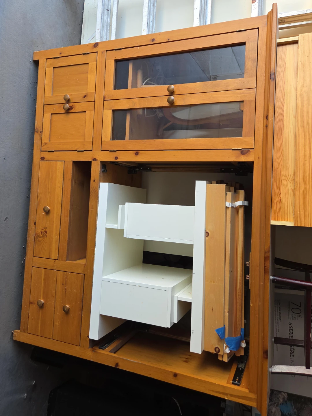 Pine Wood TV Stand and Cabinet with Glass Doors and Drawers