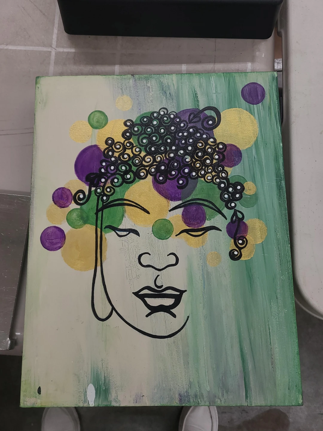 Buddha Face Painting with Purple, Green and Gold Bubbles