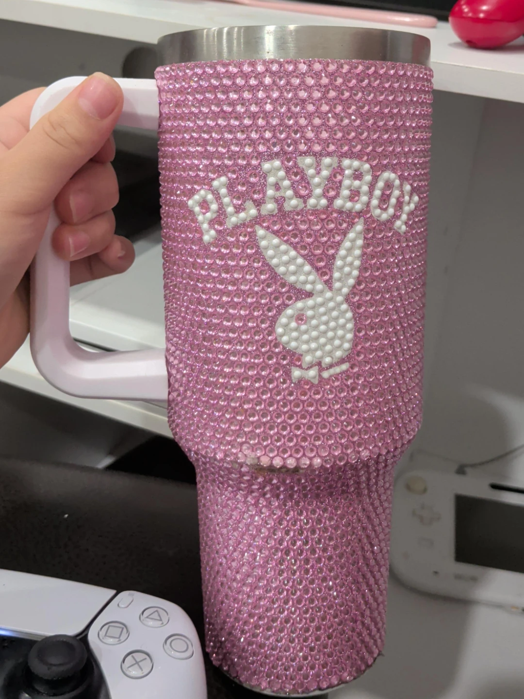 Pink Rhinestone Playboy Tumbler with Handle