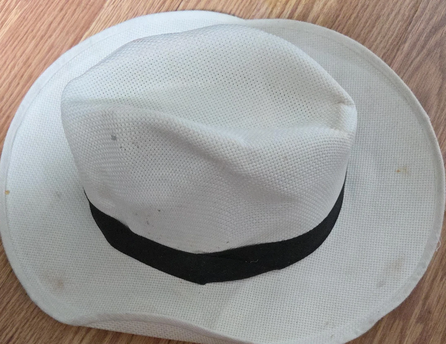 White straw fedora hat with black band