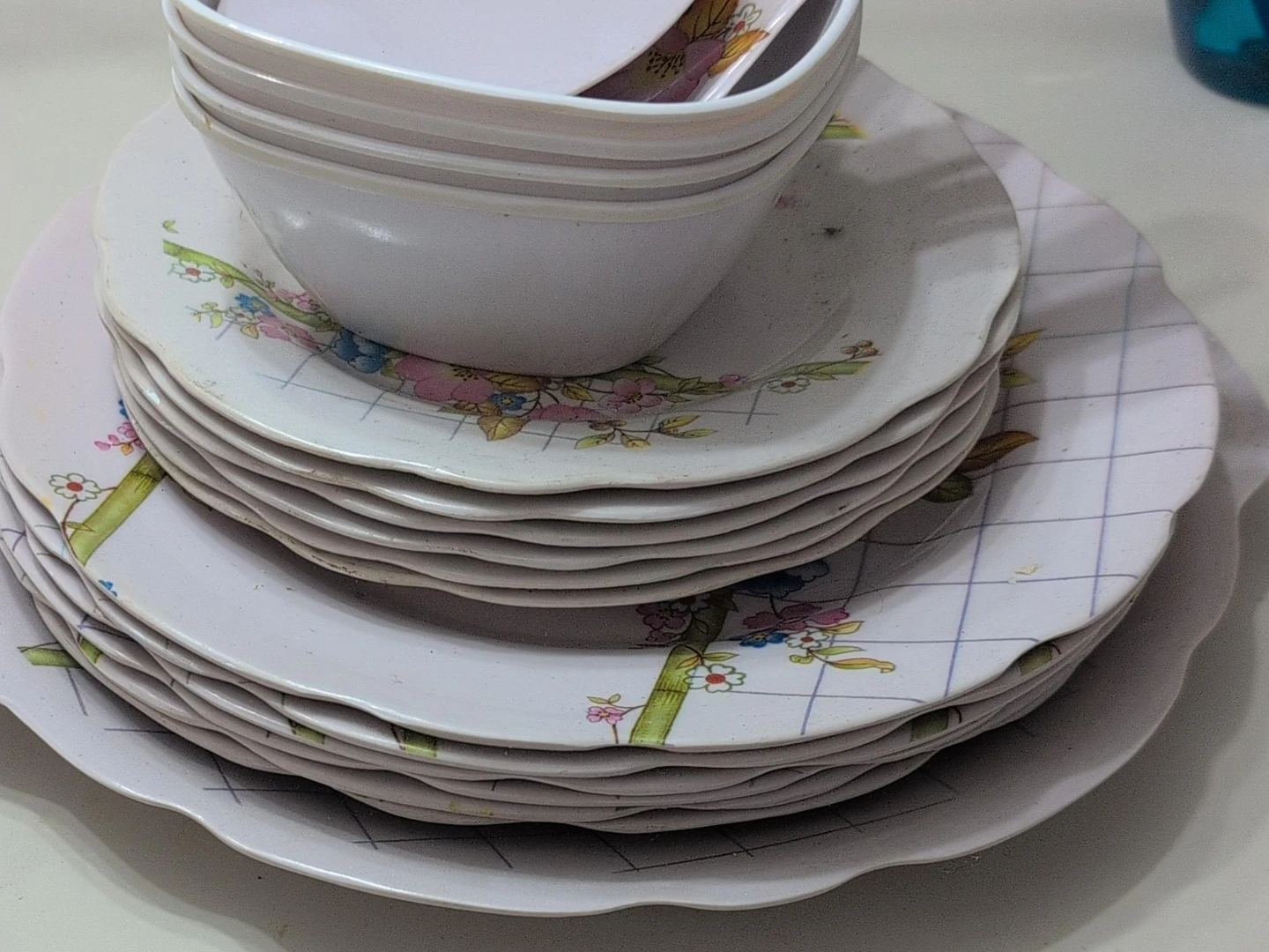 Stack of decorative plates and bowls