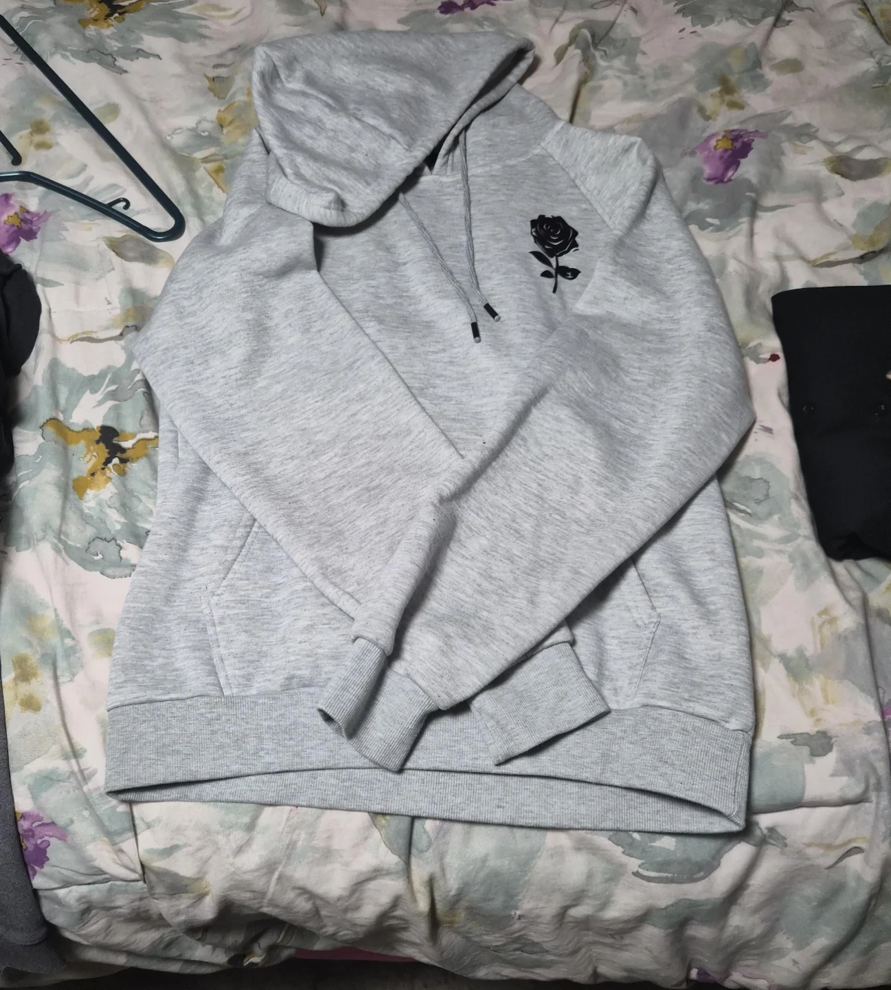 Grey Hoodie with Black Rose Graphic