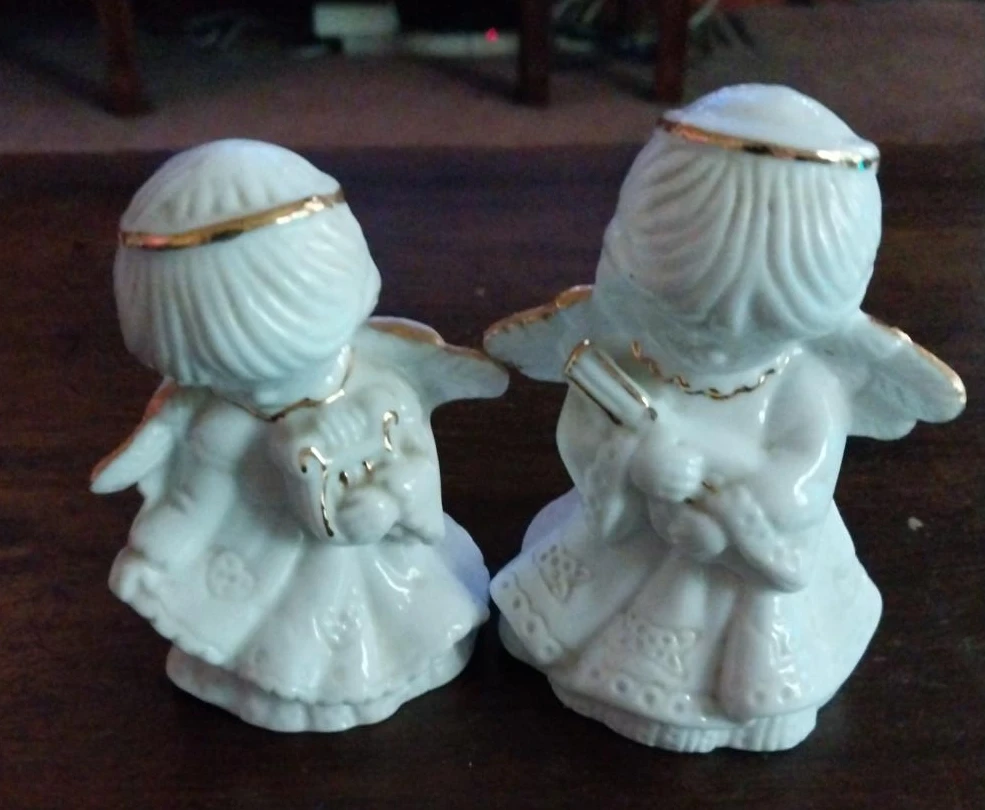 Pair of White Ceramic Angel Bells with Gold Trim
