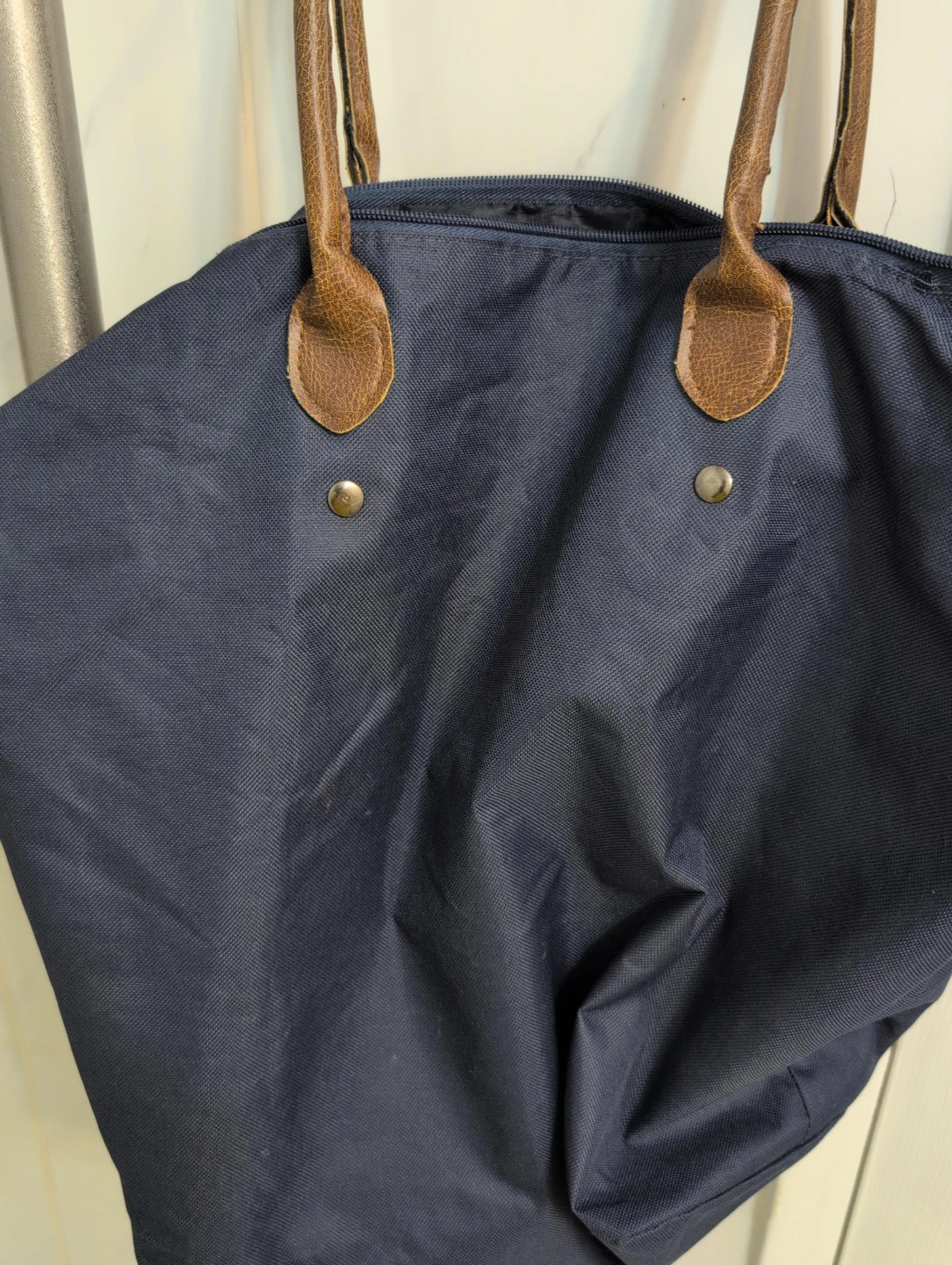 Navy Blue Tote Bag with Leather Handles