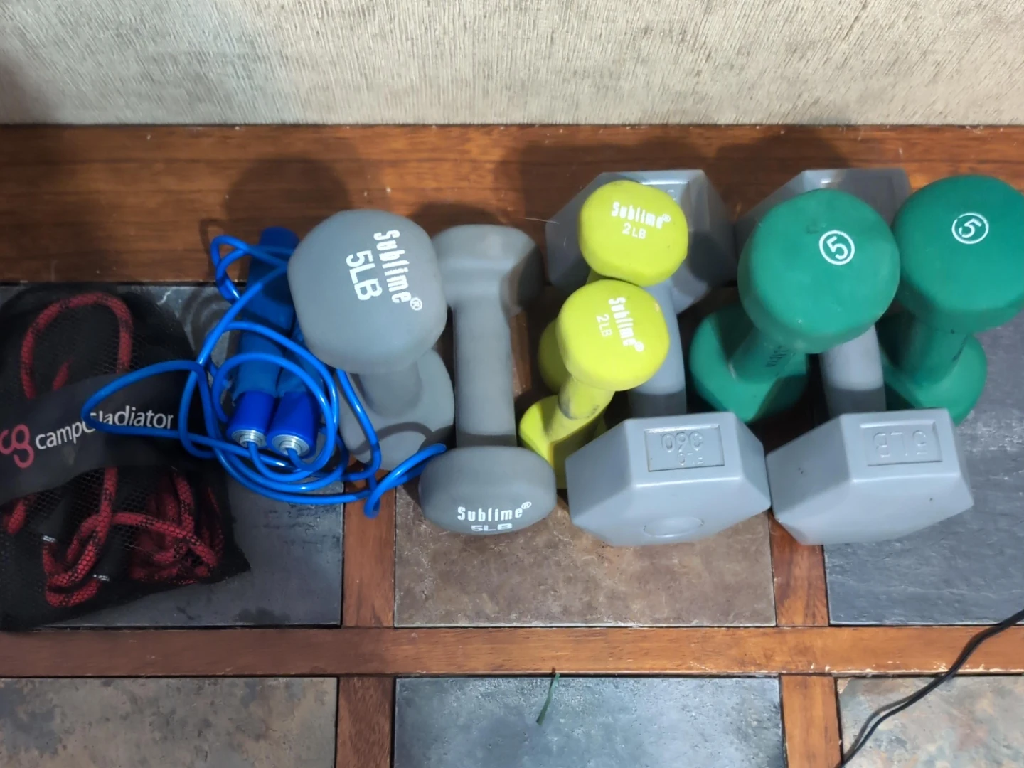 Assorted Dumbbells and Jump Rope