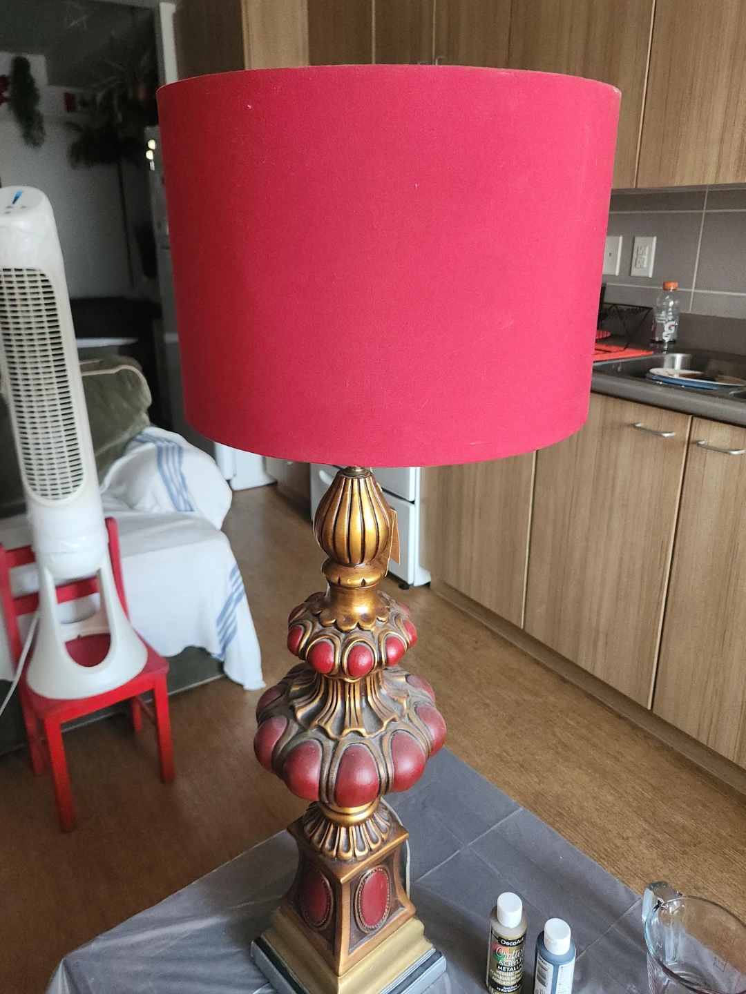 Red Table Lamp with Ornate Base
