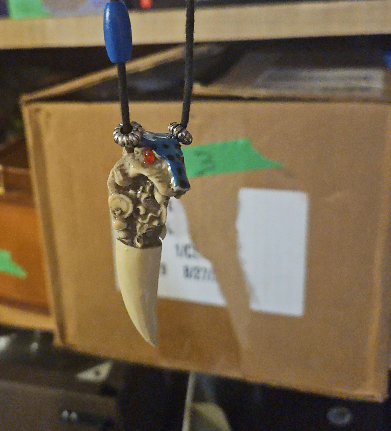 Tooth Pendant Necklace with Blue Bead