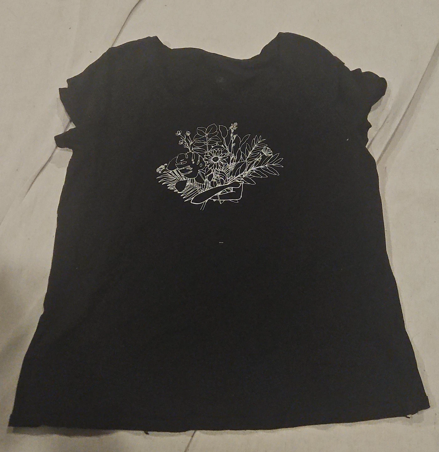 Black T-Shirt with Floral Line Art Design