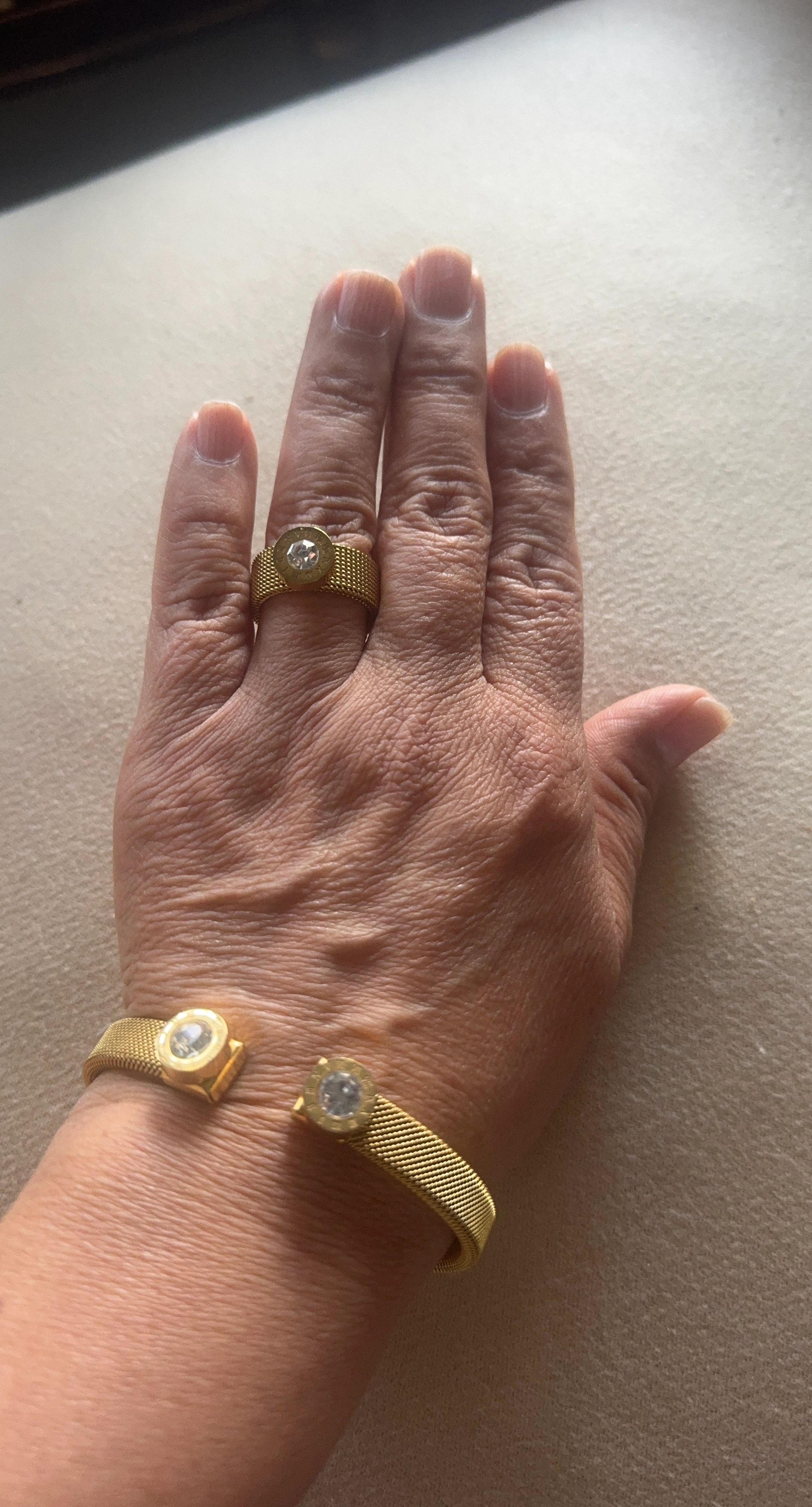 Gold Mesh Bracelet and Ring Set with Crystal Accents