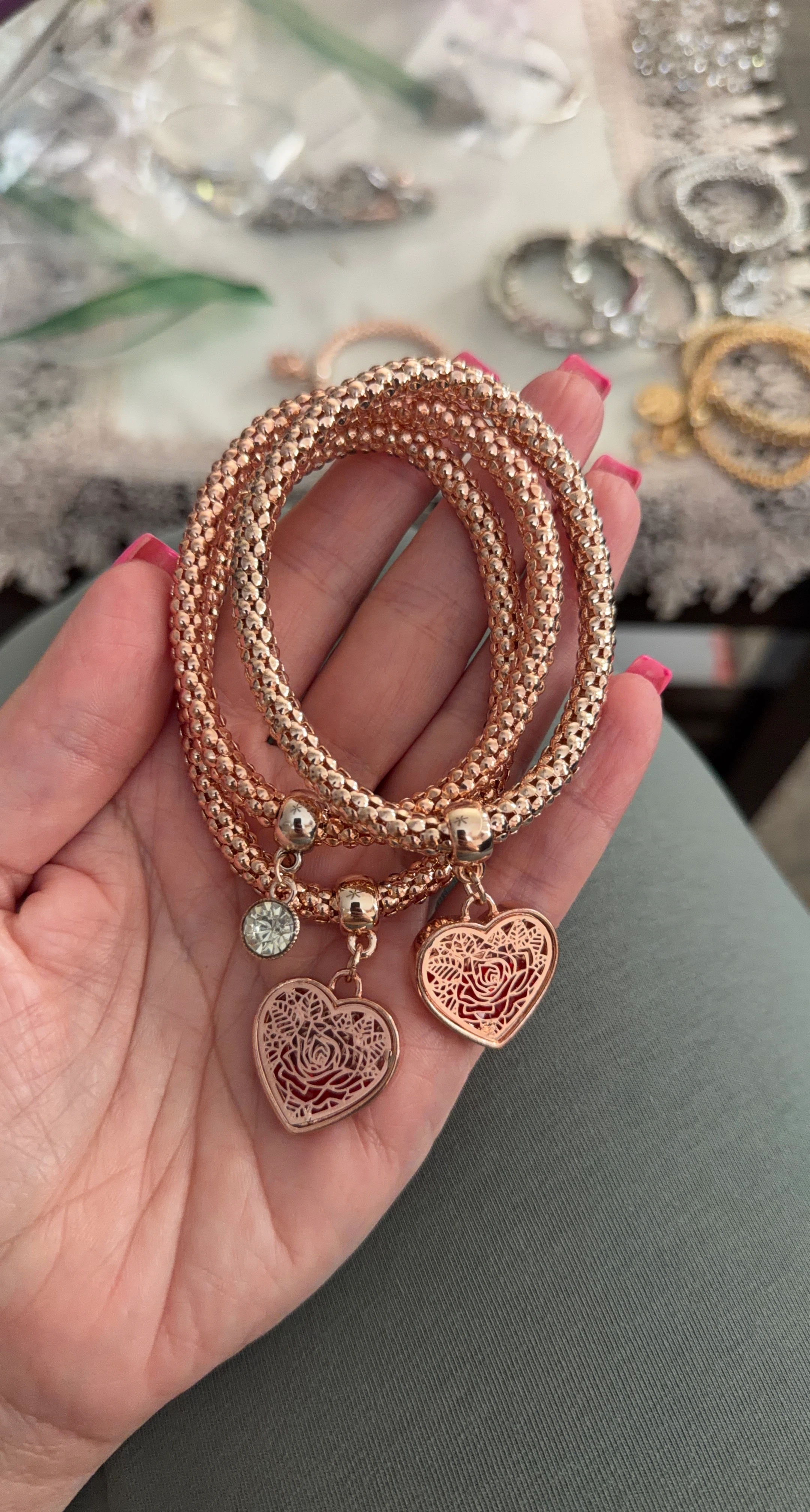 Rose Gold Tone Charm Bracelets with Heart Dangles