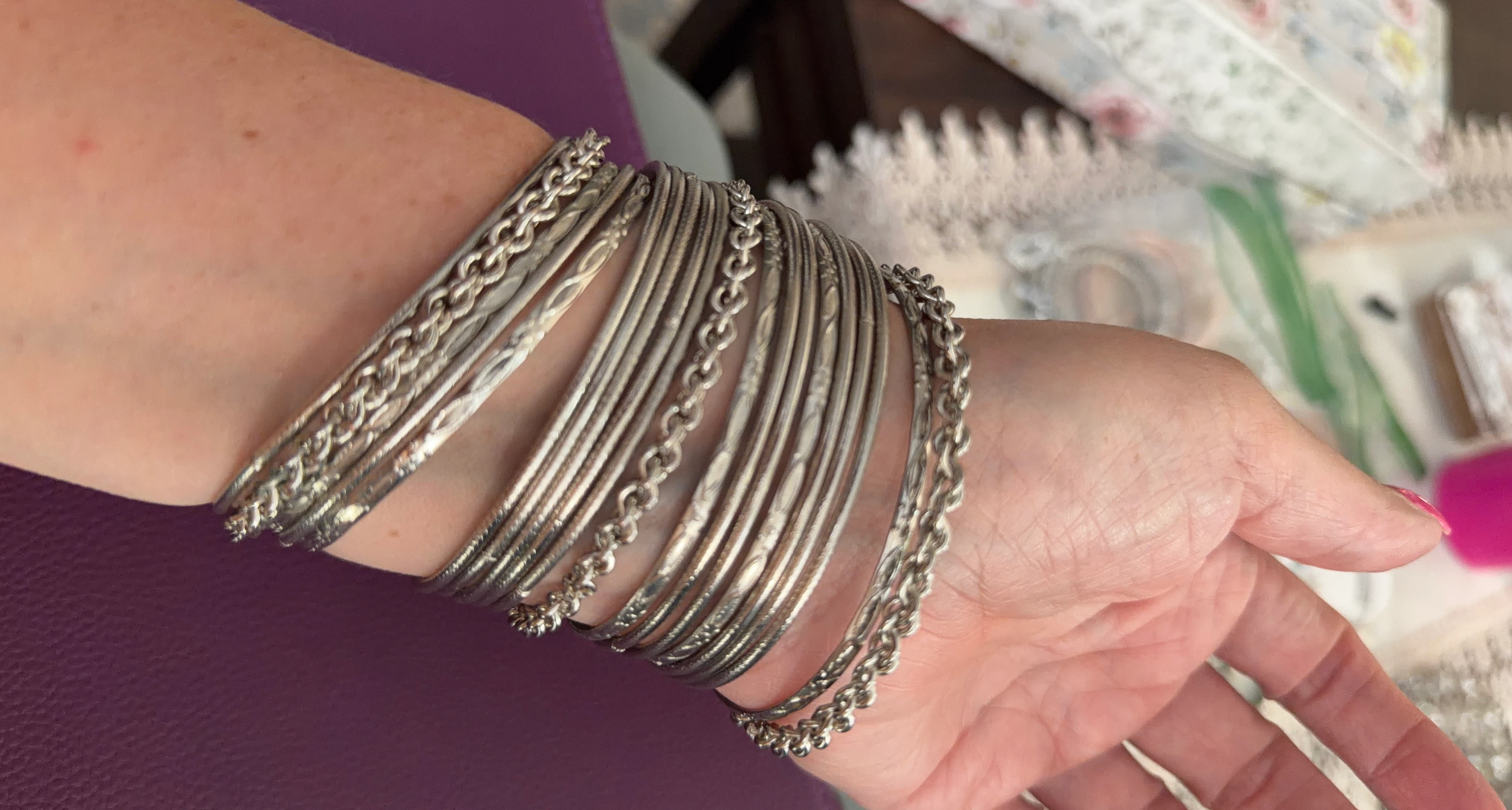 Silver Tone Stackable Bangle Bracelets with Chain Detail