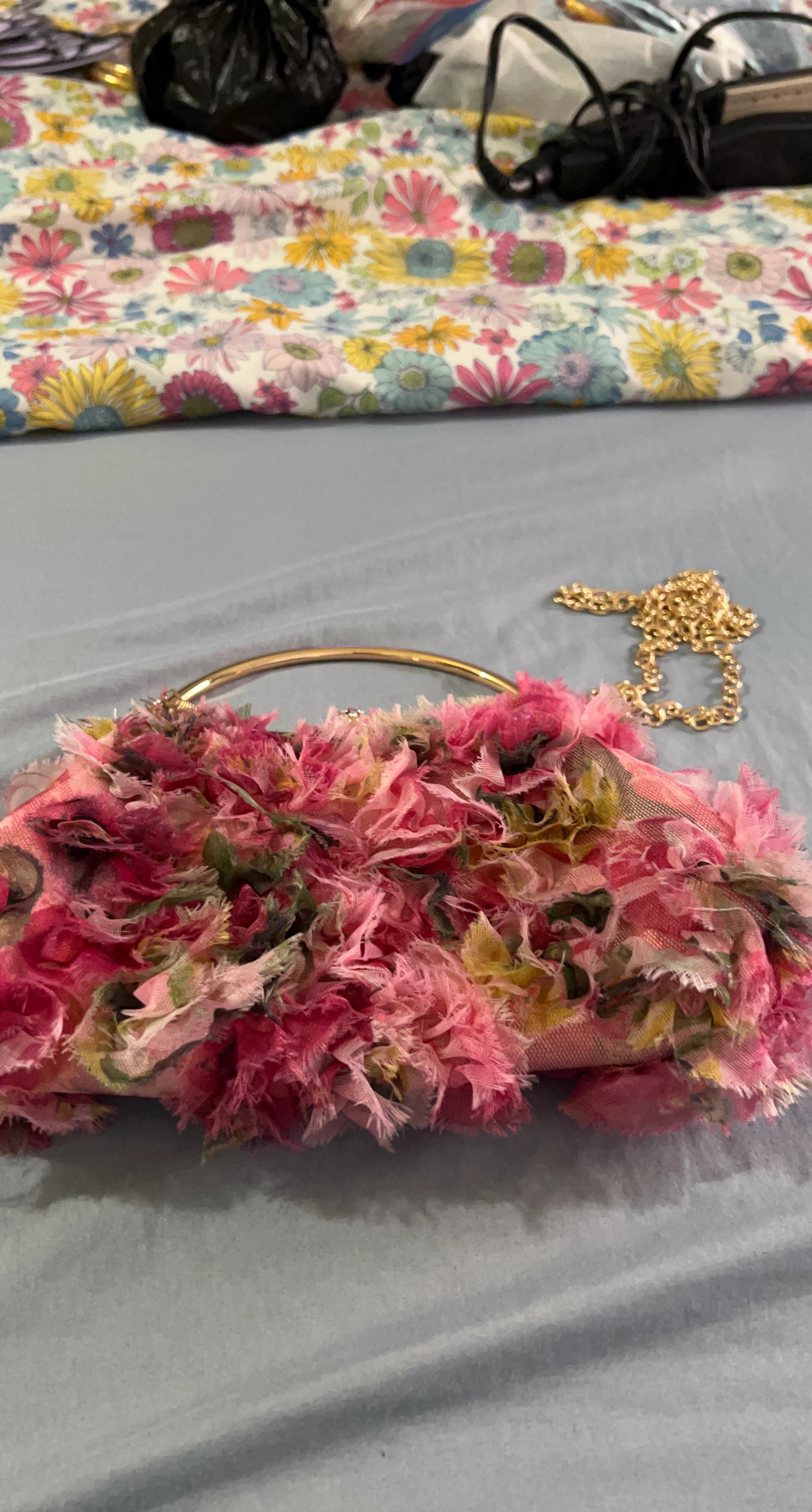 Pink Floral Clutch with Gold Handle and Chain
