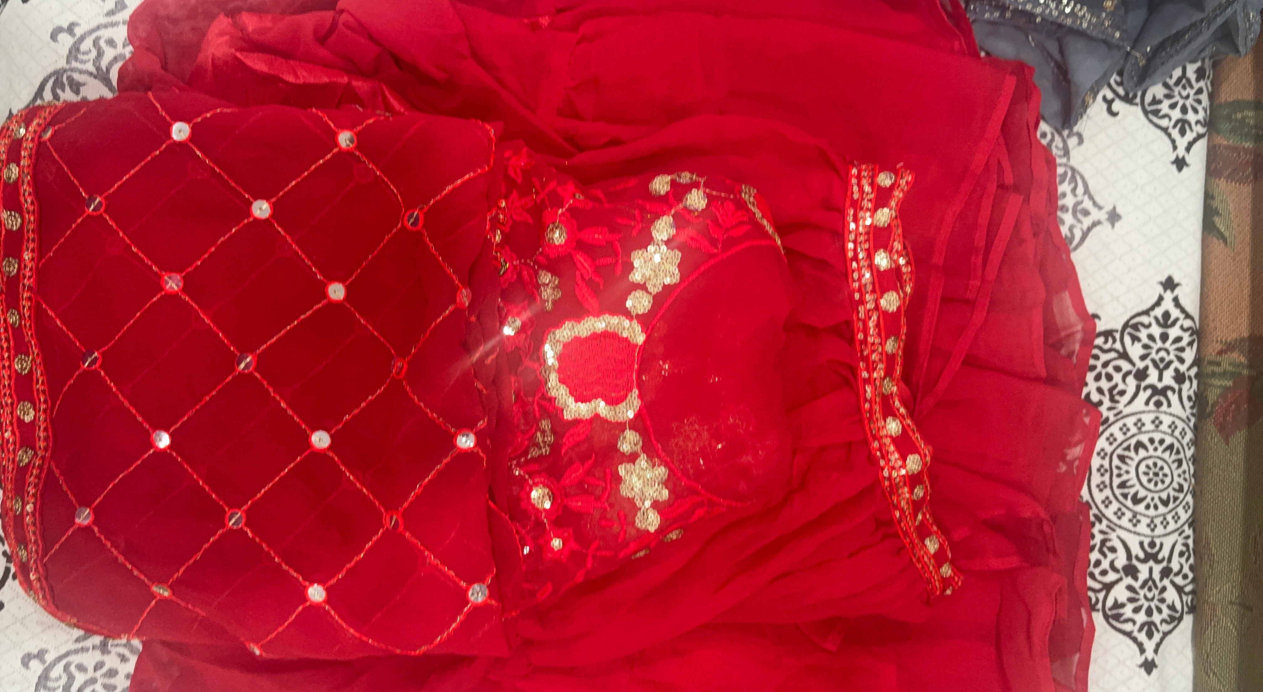 Red Sequined Chiffon lehnga,blouse Dupatta Set