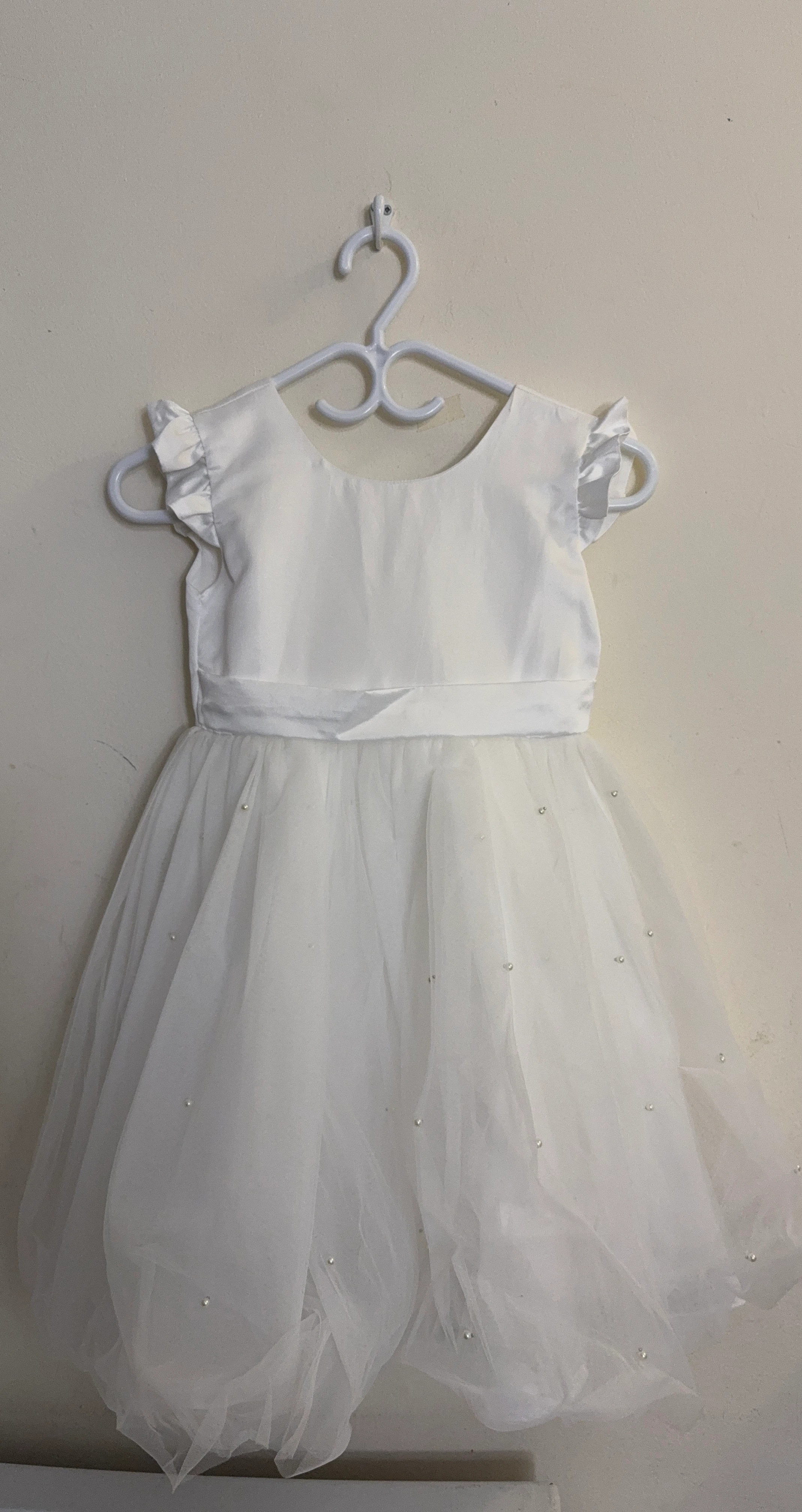 White Party Dress with Pearls and Bow 8Y