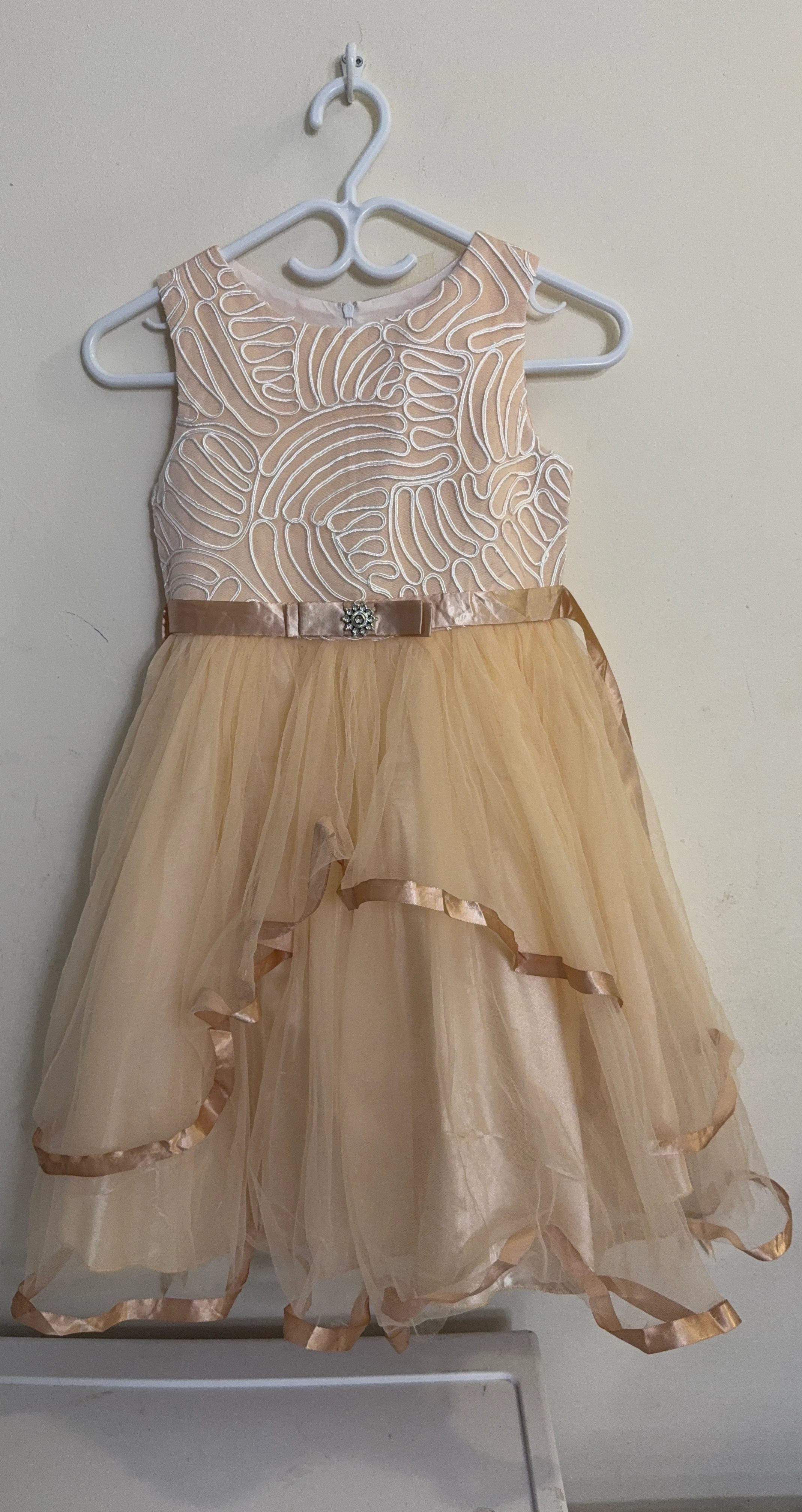 Girls Peach Tulle Dress with Ribbon Trim