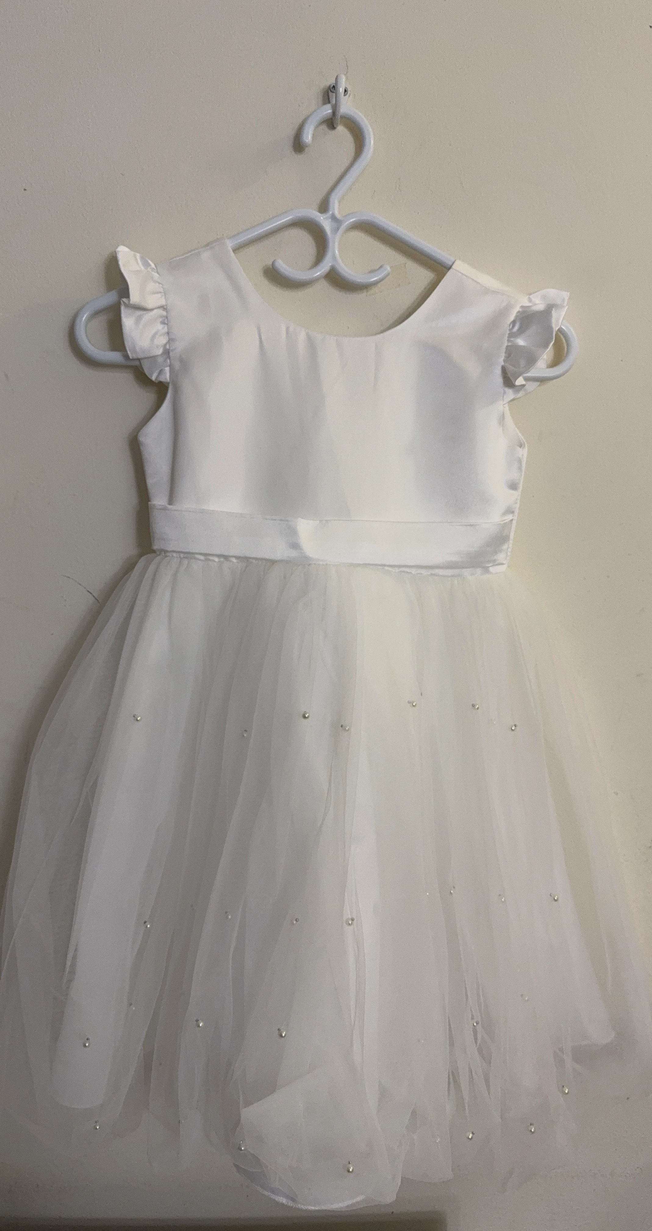 White Flower Girl Dress with Pearls 8Y