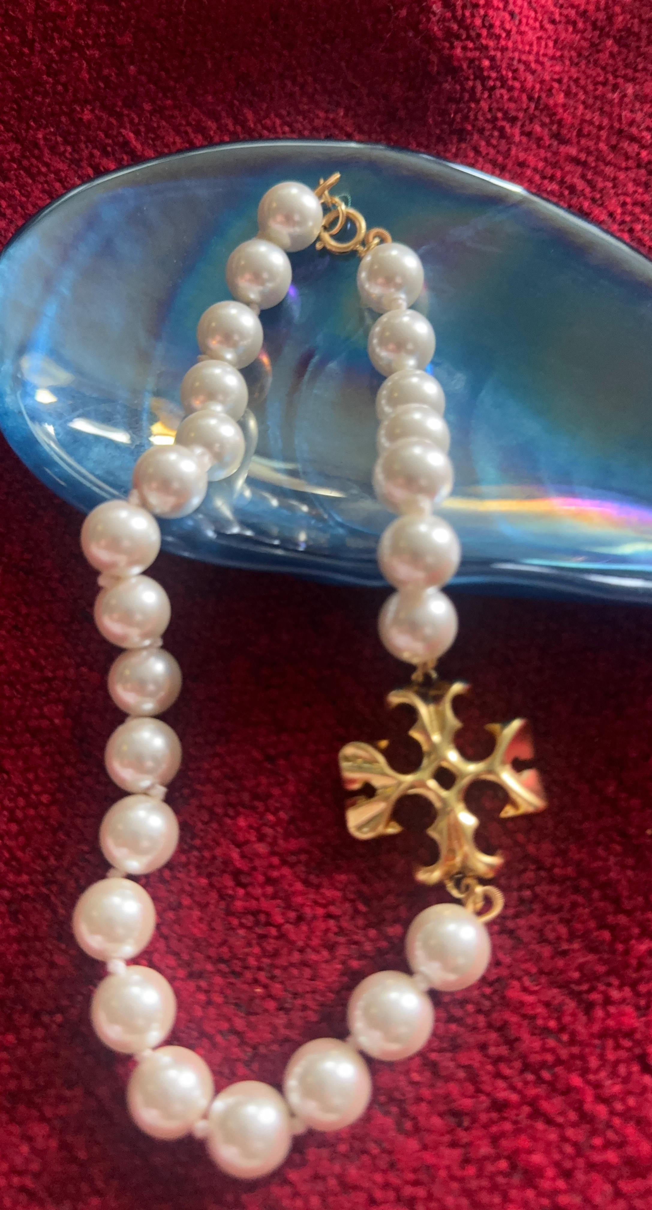 Tory Burch Pearl Necklace with Gold Logo Charm