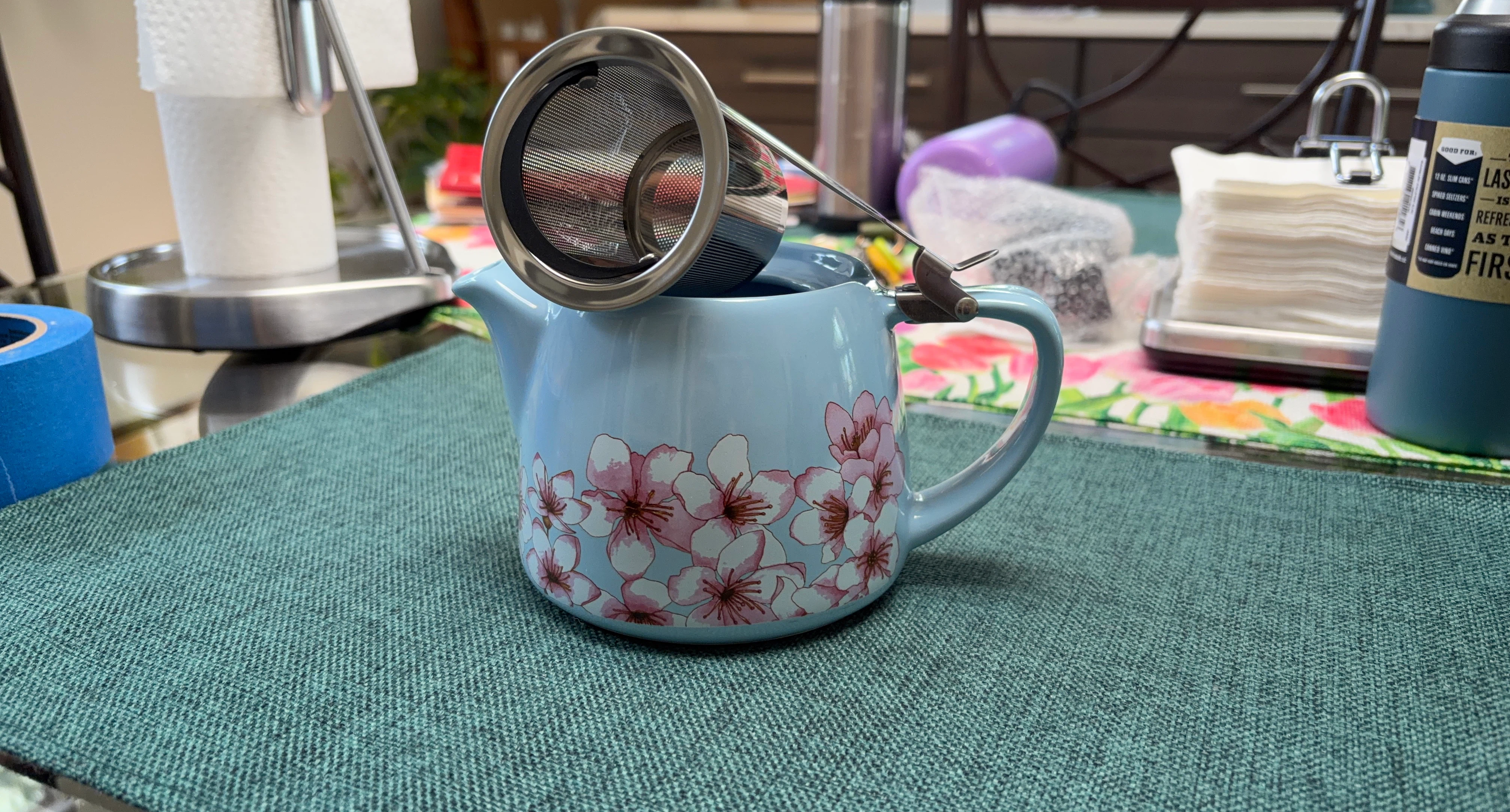 Light Blue Ceramic Teapot with Cherry Blossoms