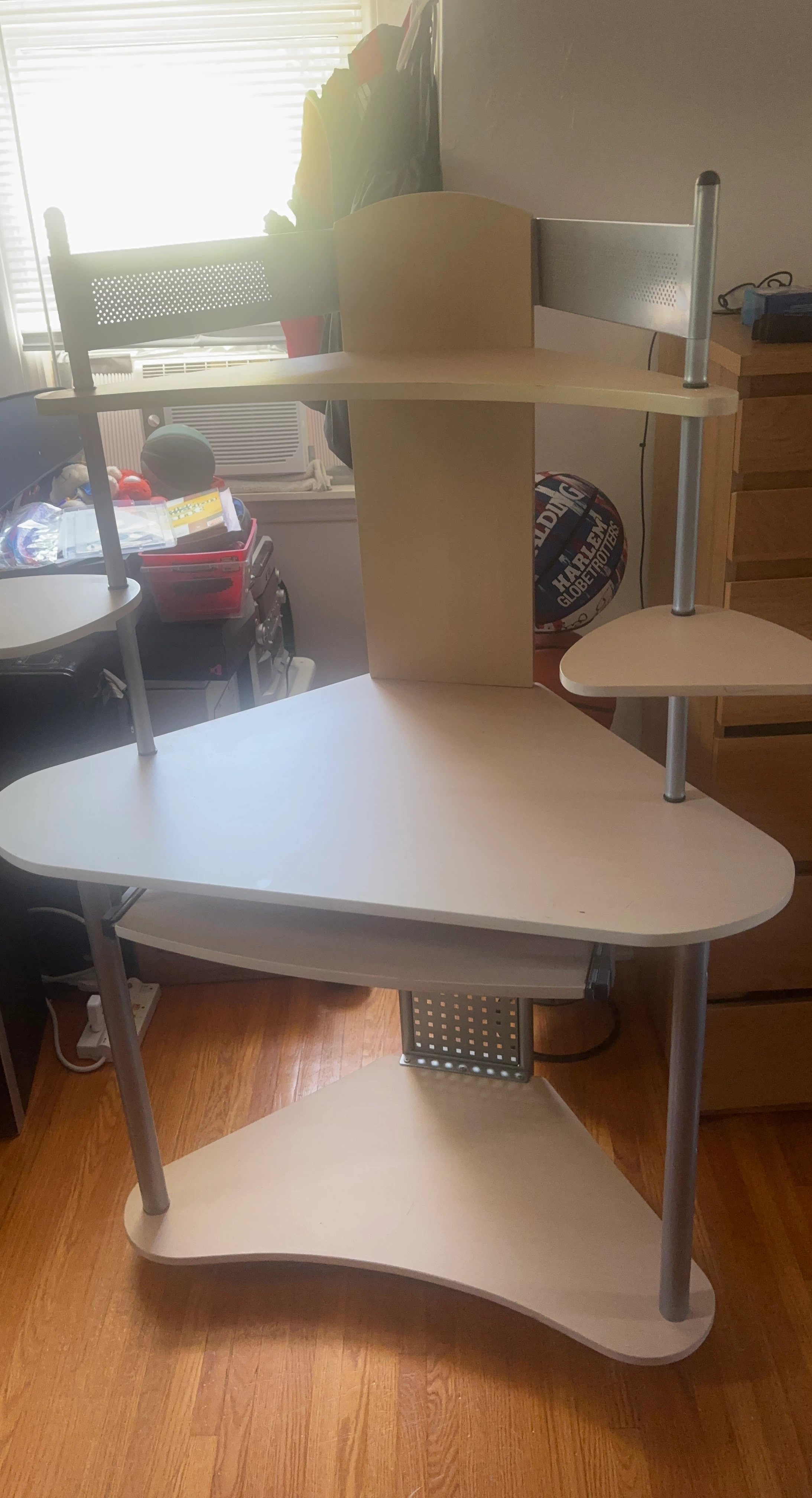 Corner computer desk with multiple shelves
